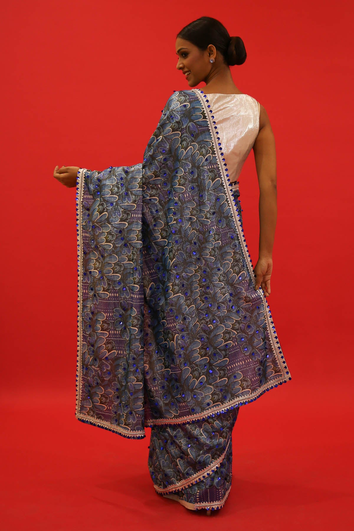 Blue Printed & Embroidered Saree Set