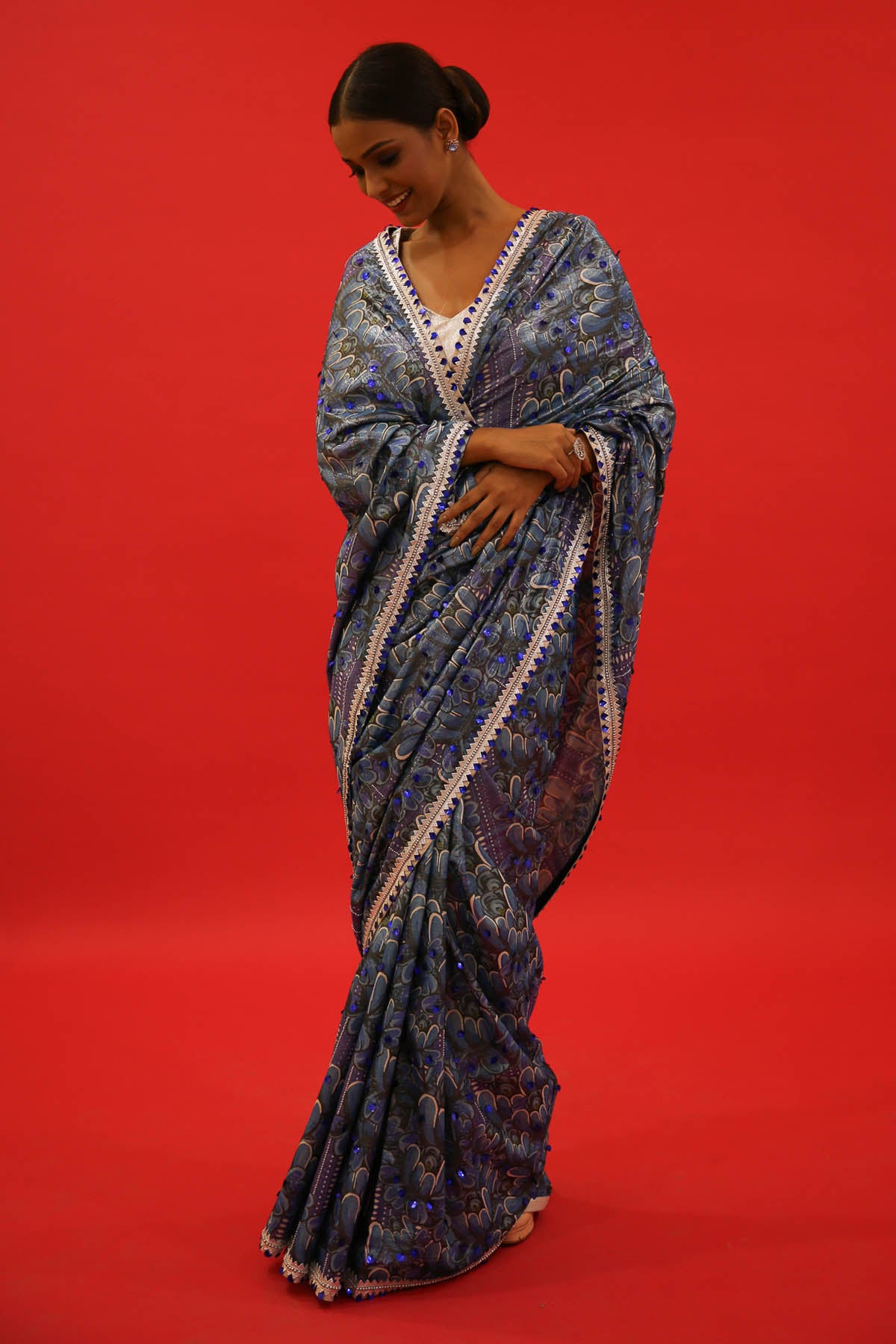 Blue Printed & Embroidered Saree Set
