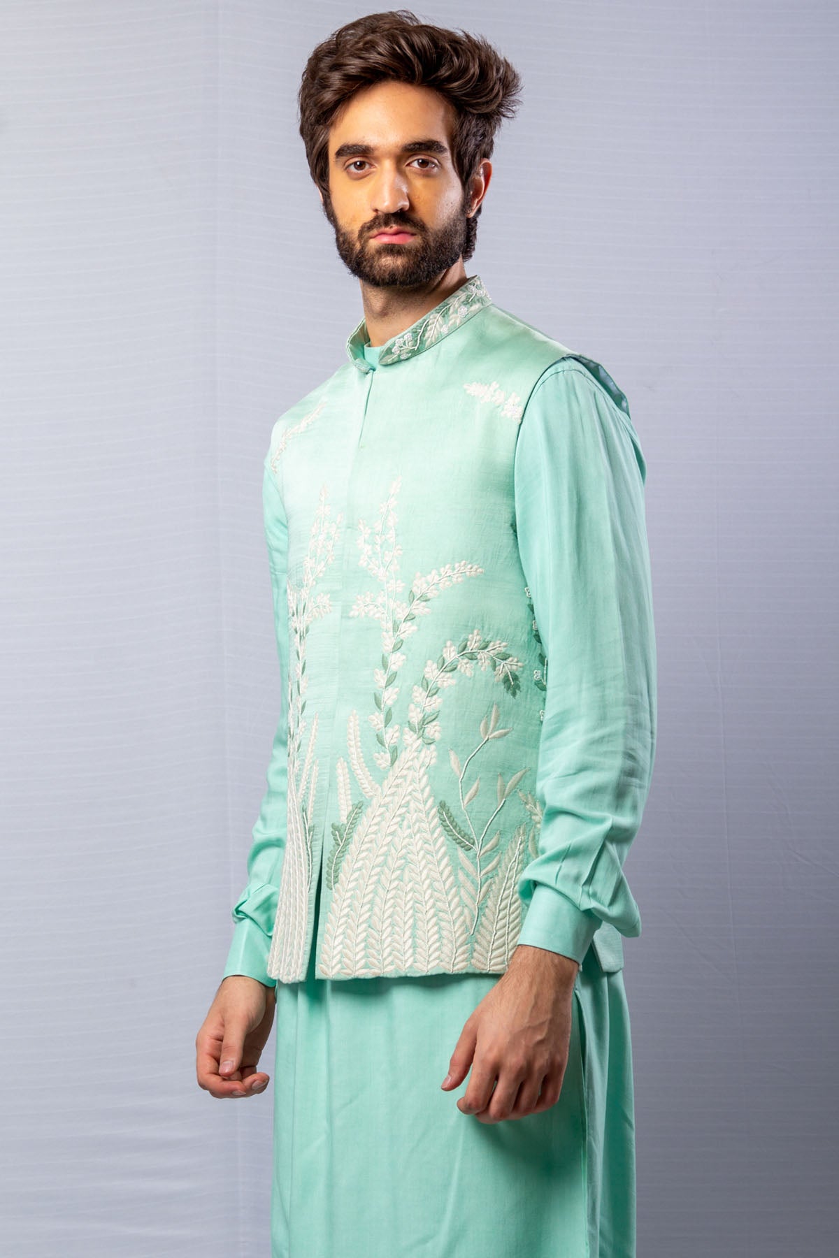 Blue Raw Silk Bundi Set