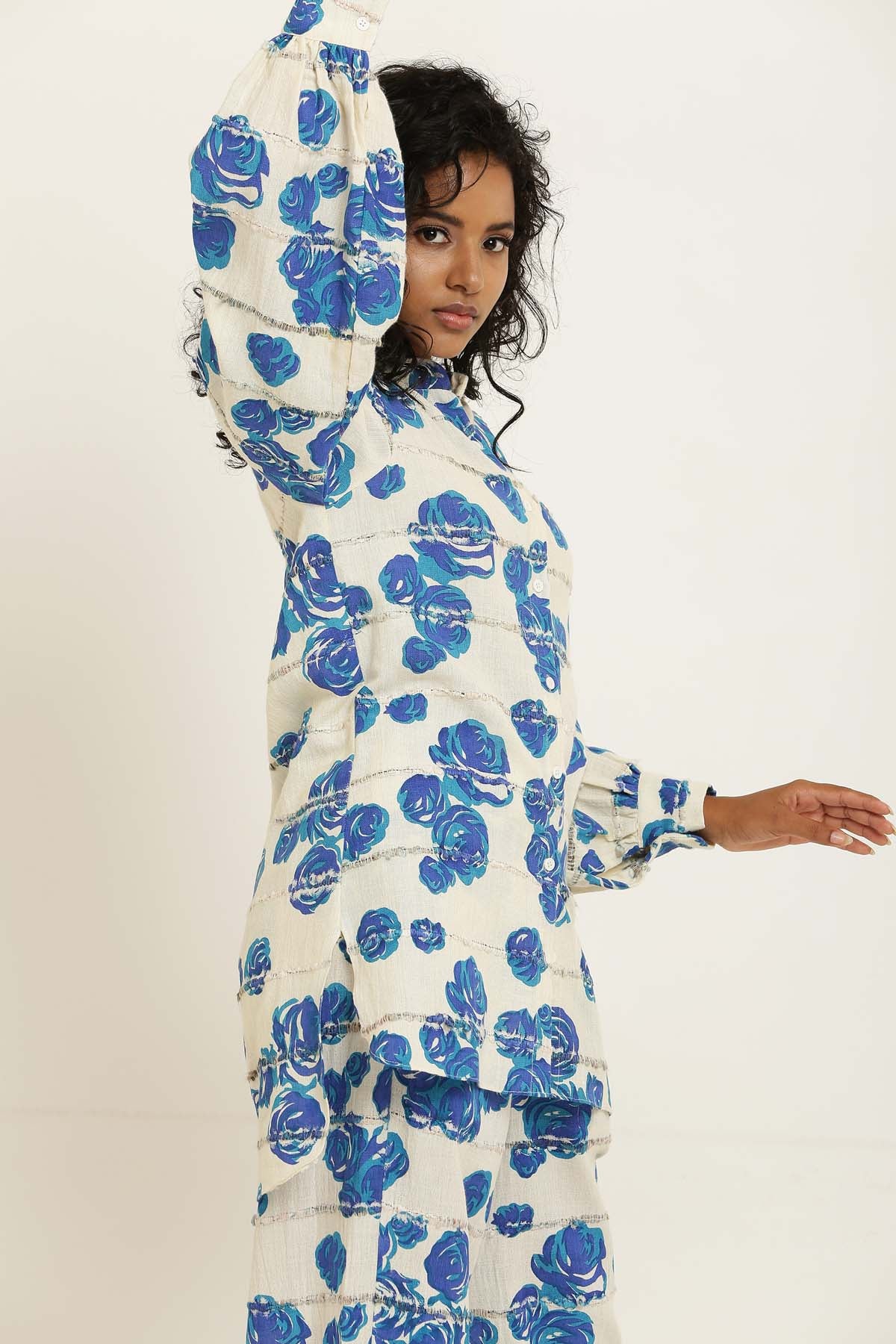 Blue Rose Gathered Cotton Shirt