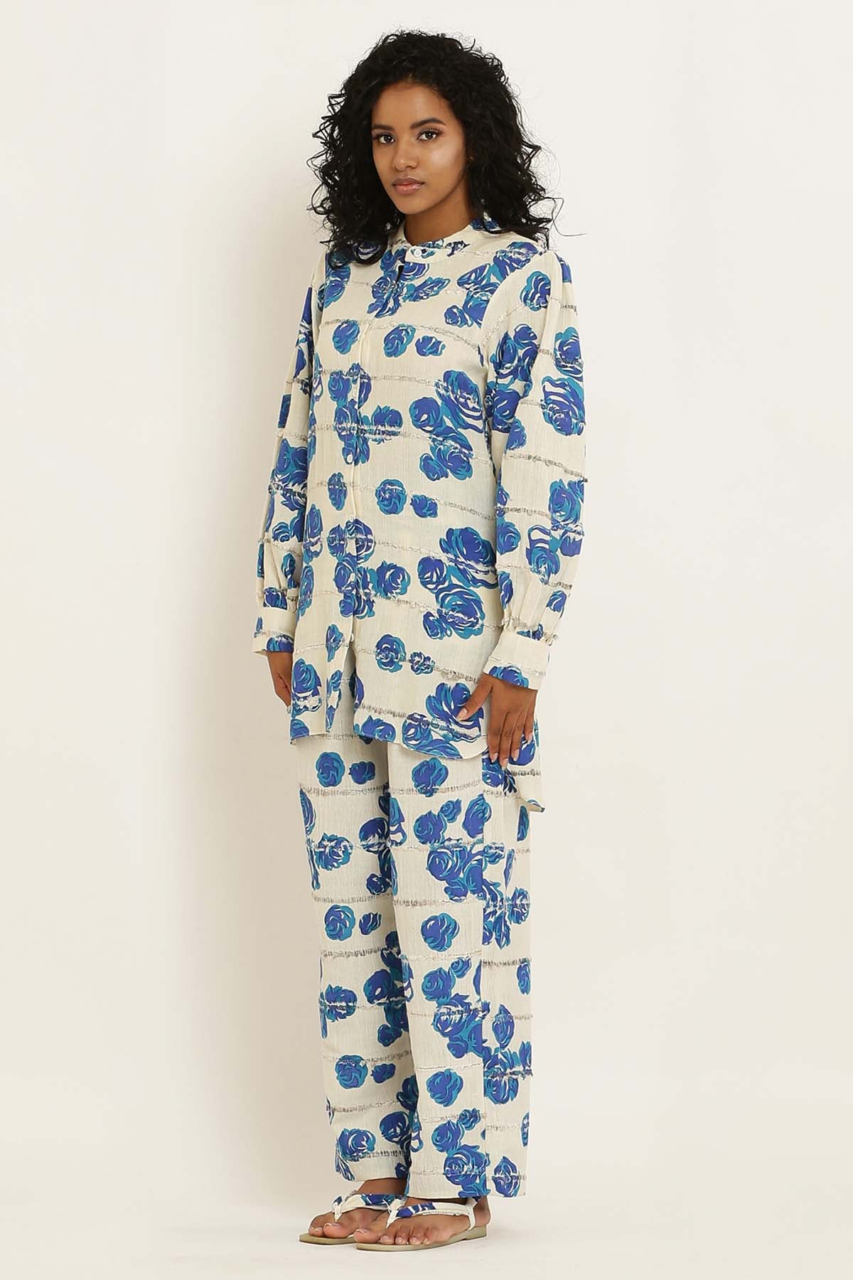 Blue Rose Gathered Cotton Shirt