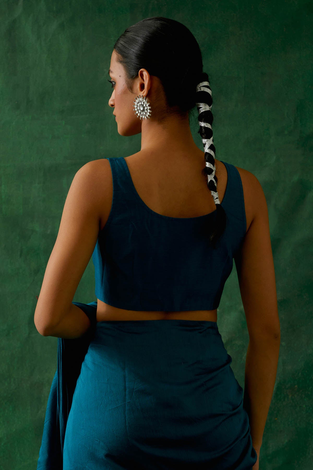 Blue Ruffled Pre Drape Saree Set