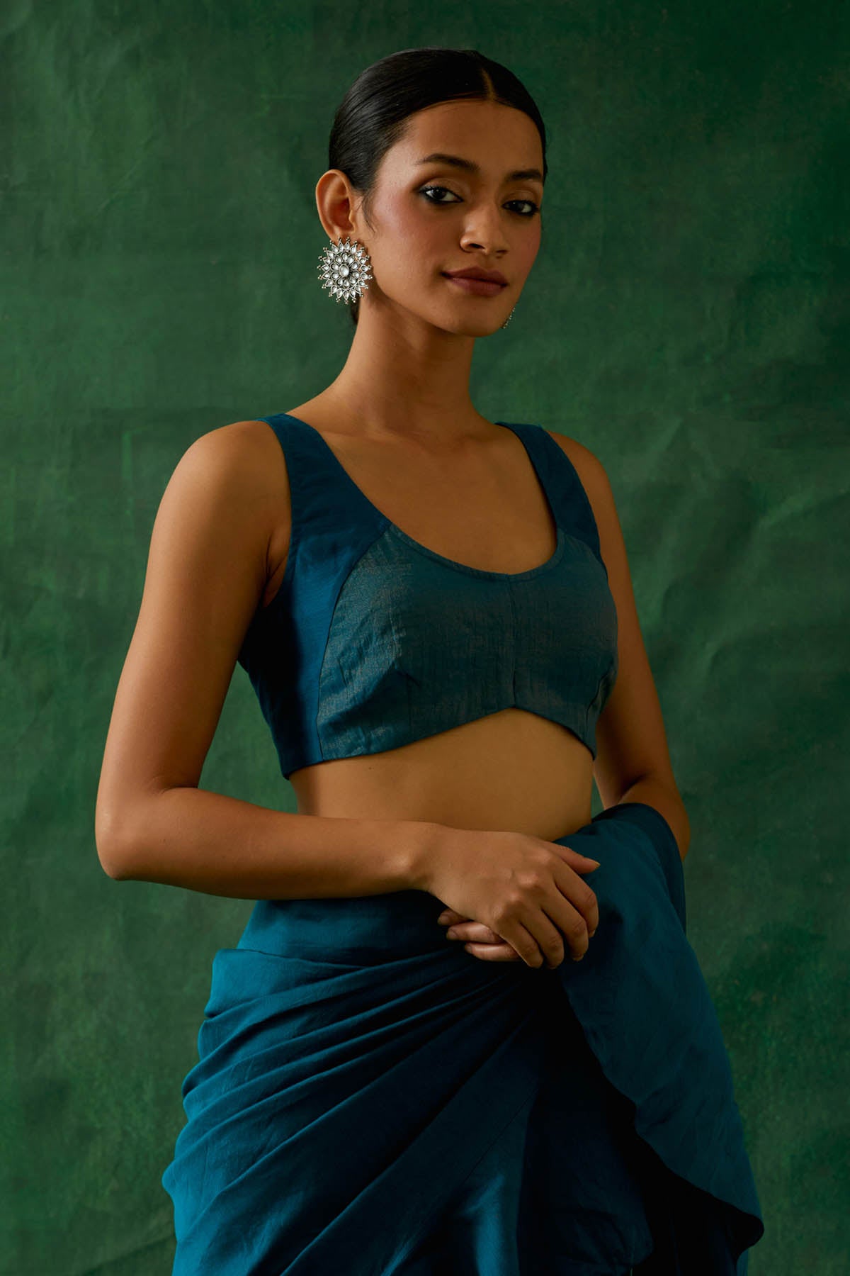 Blue Ruffled Pre Drape Saree Set