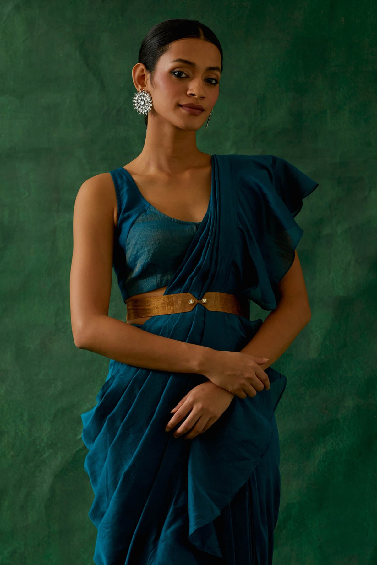 Blue Ruffled Pre Drape Saree Set