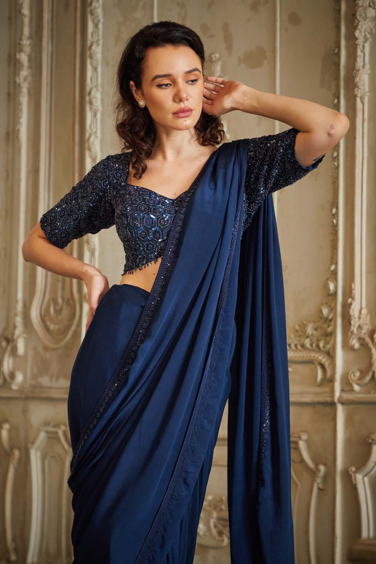 Blue Satin Embroidered Saree Set