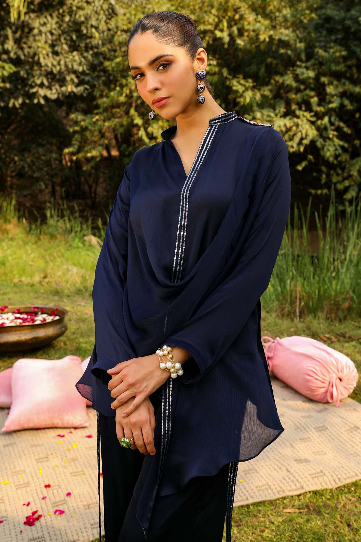 Blue Sequins Cowl Co-ord Set