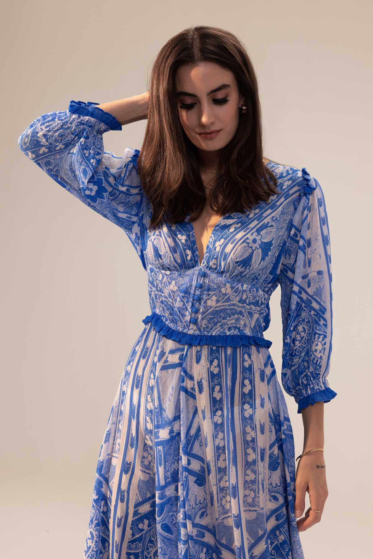 Blue Shirred Waist Dress