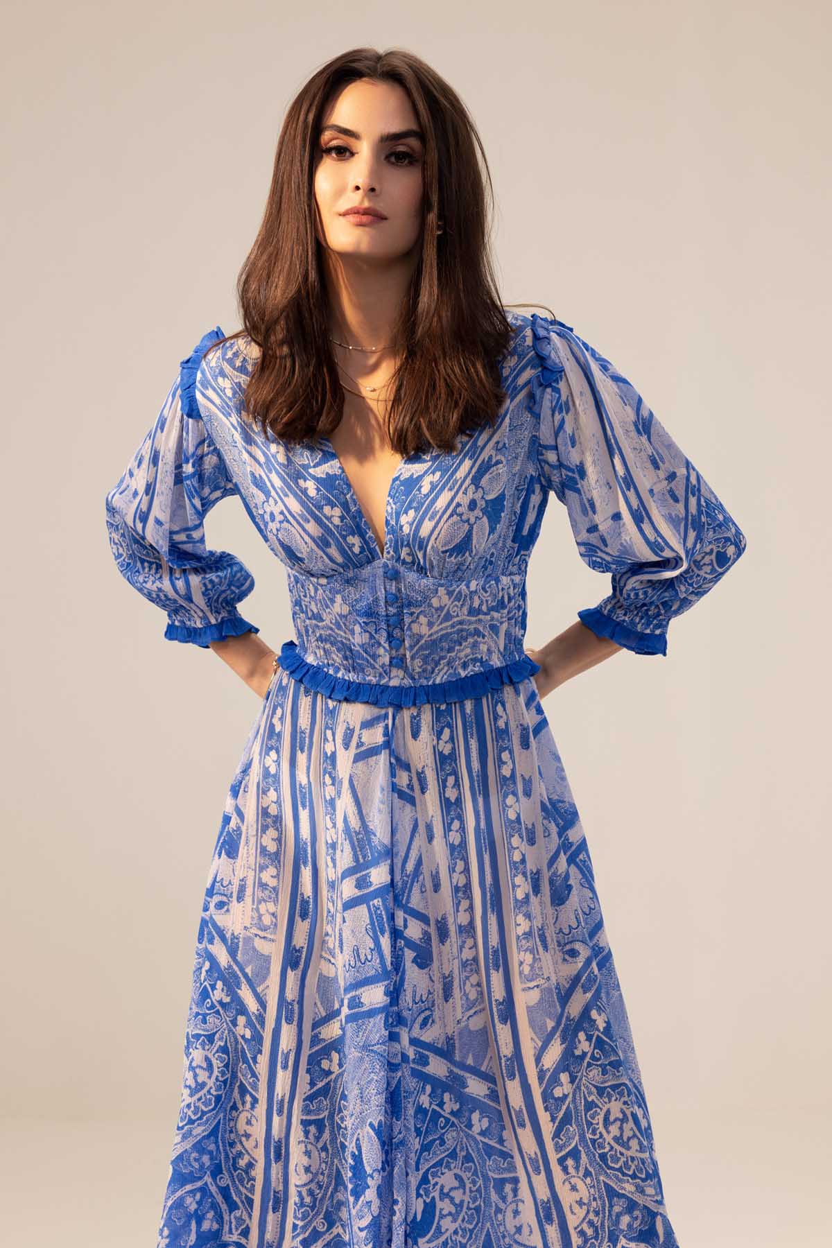 Blue Shirred Waist Dress