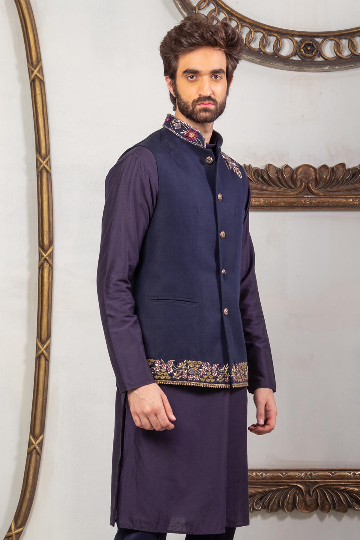 Blue Silk Bundi Kurta Set