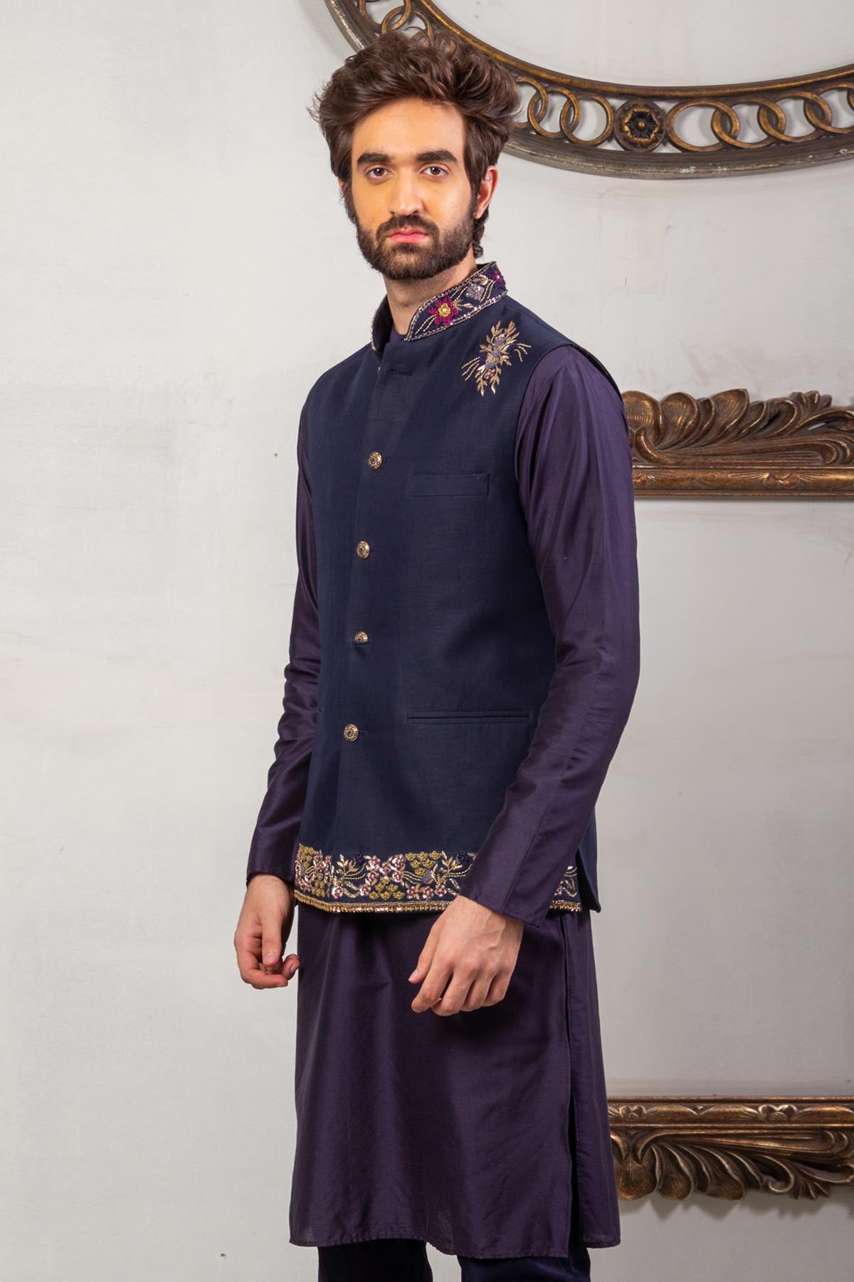 Blue Silk Bundi Kurta Set