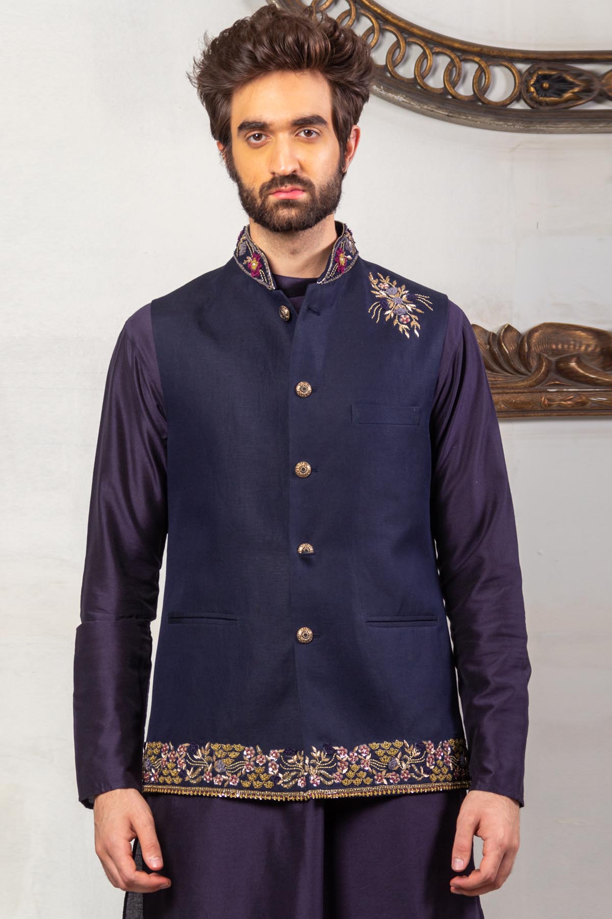 Blue Silk Bundi Kurta Set