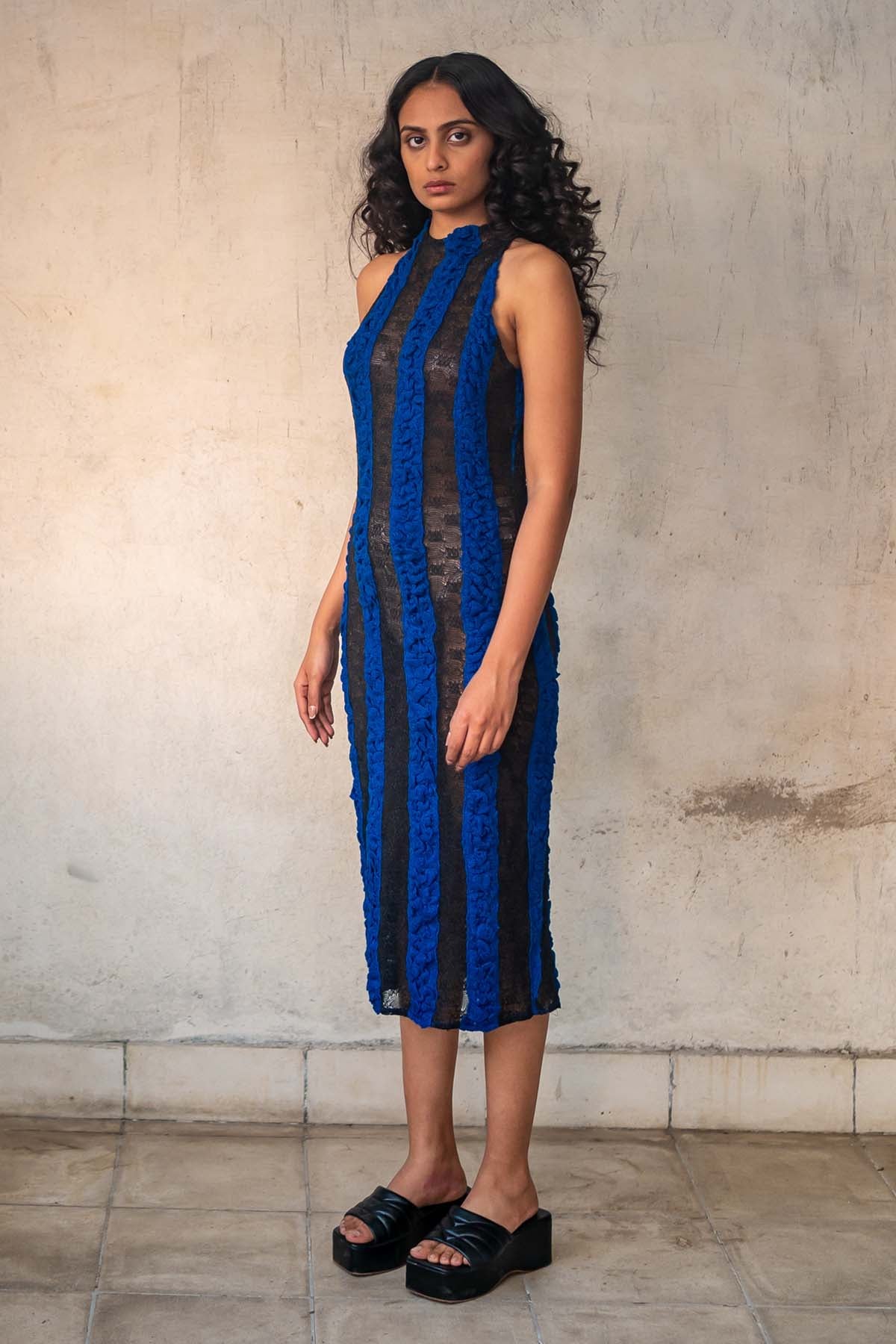Blue Smocked Midi Dress