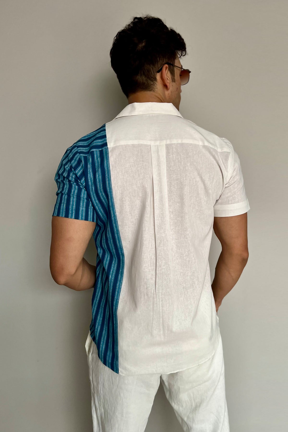 Blue Stripe Print Patchwork Shirt