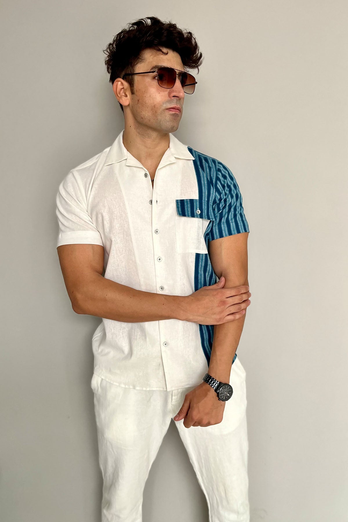 Blue Stripe Print Patchwork Shirt