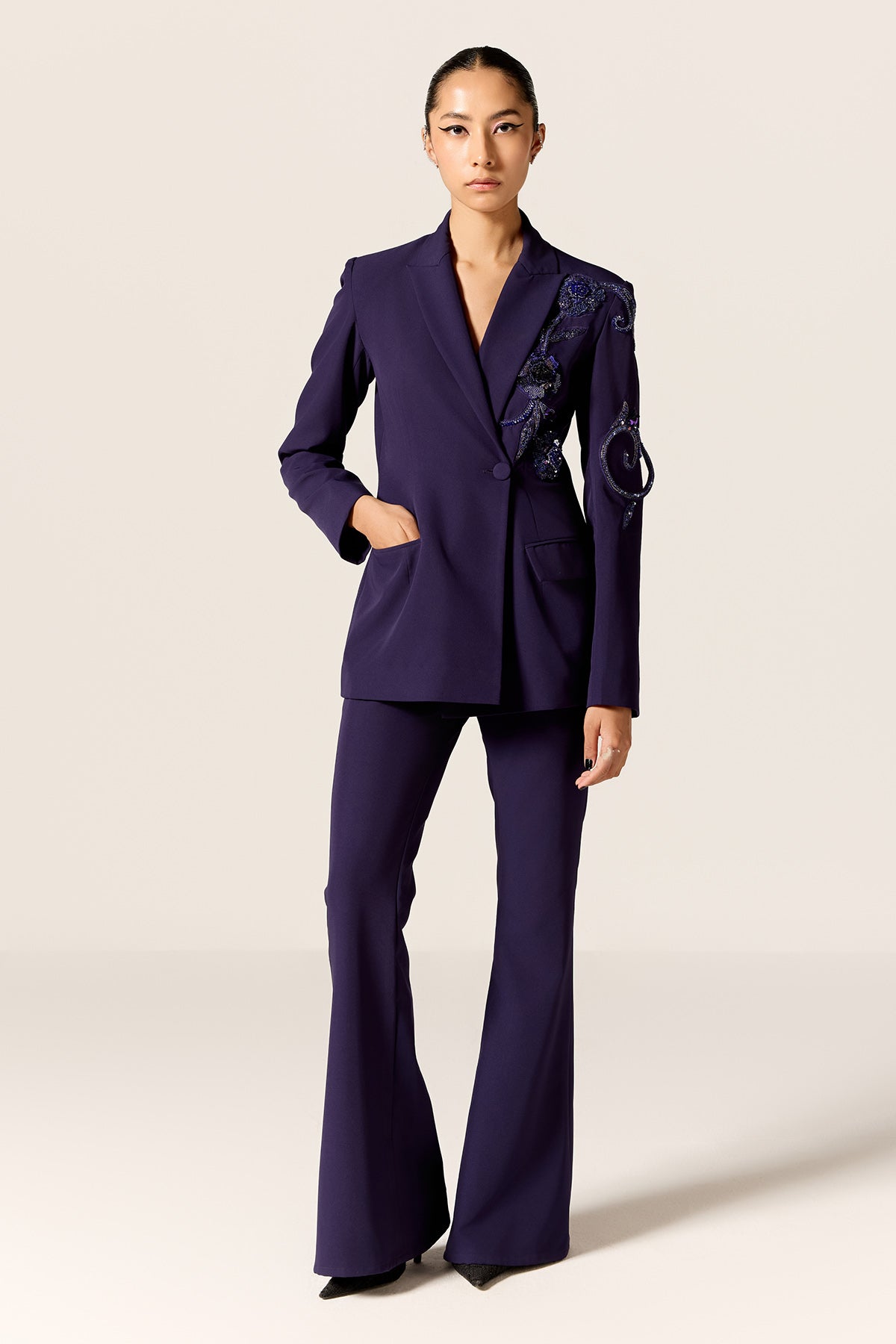 Blue 3D Embroidered Blazer Set