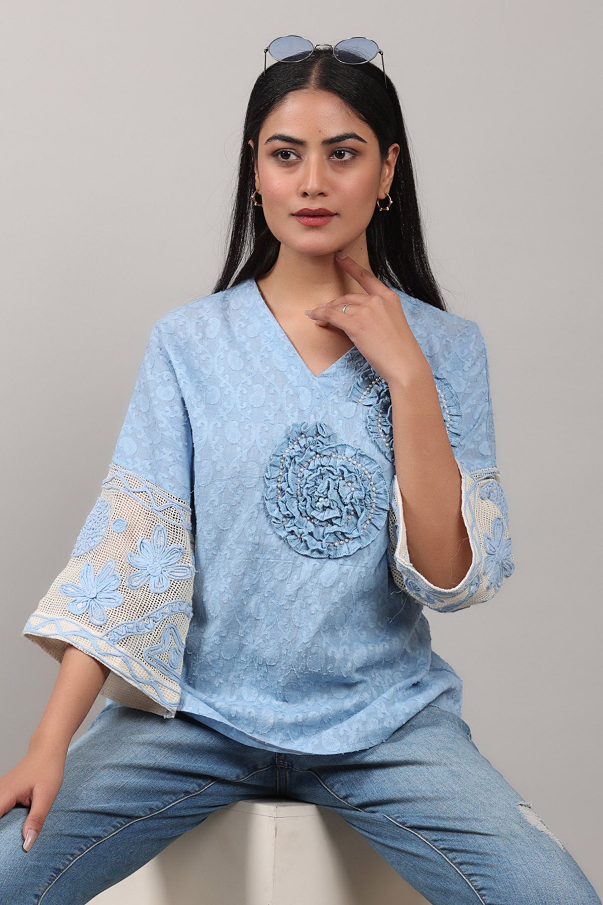 Buy Blue 3D Floral Embroidered Top by OSKOS for women online at ScrollnShops
