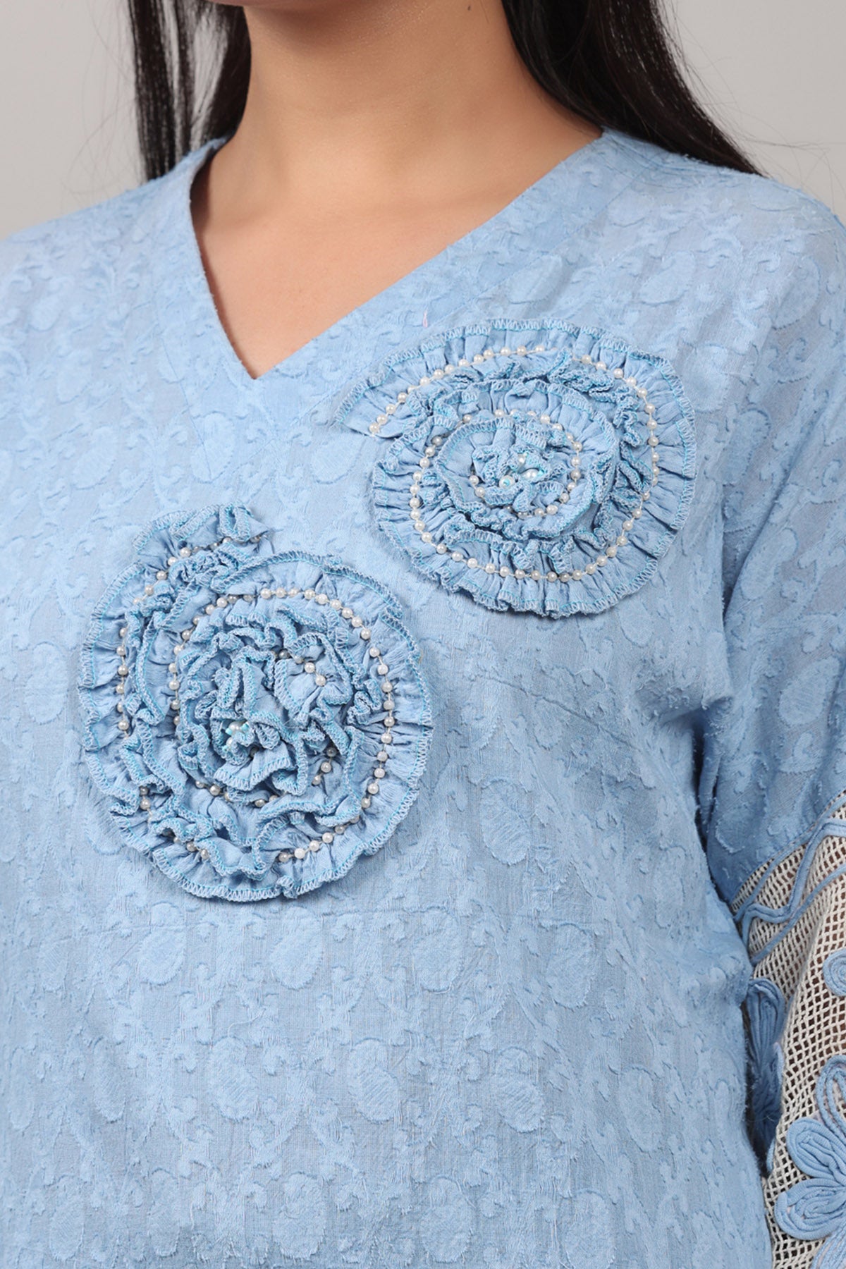 Blue 3D Floral Embroidered Top