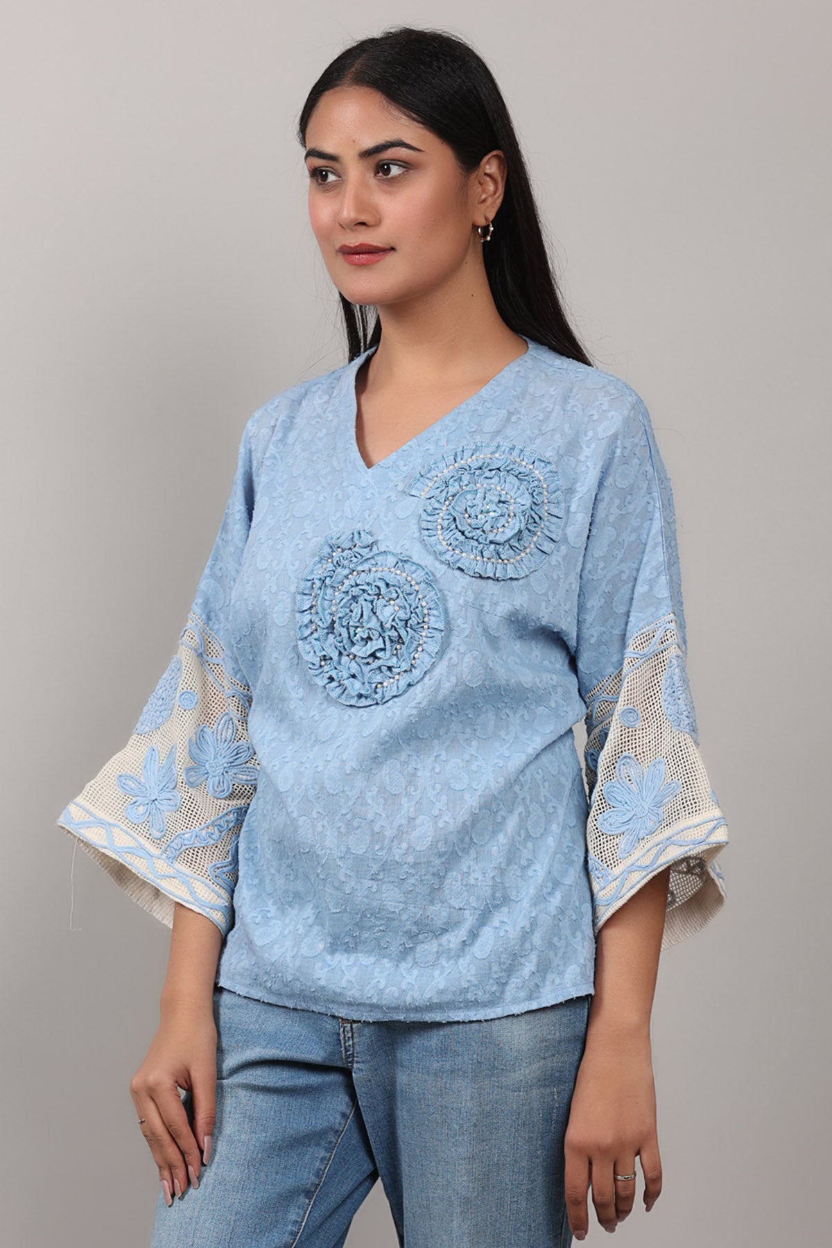 Blue 3D Floral Embroidered Top