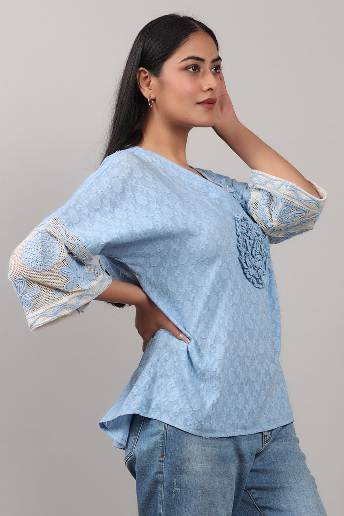 Blue 3D Floral Embroidered Top