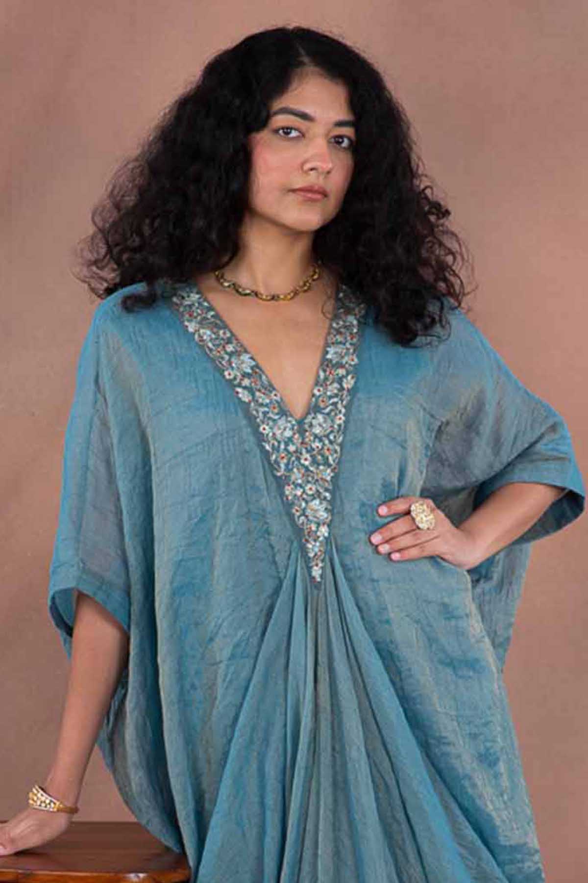 Blue Aari Embroidered Kaftan Set