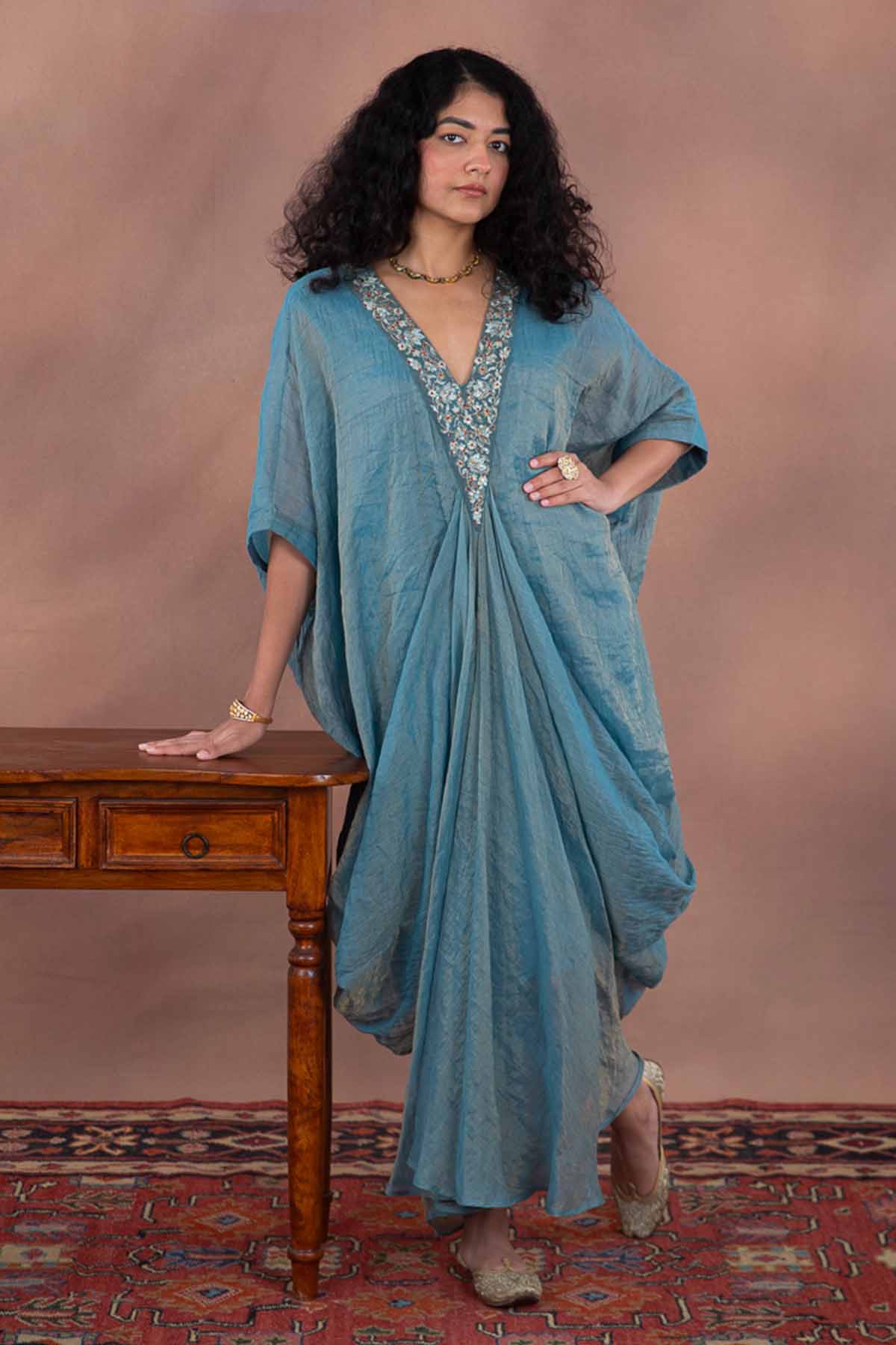 Buy Blue Aari Embroidered Kaftan Set by House Of 87 for women online at ScrollnShops