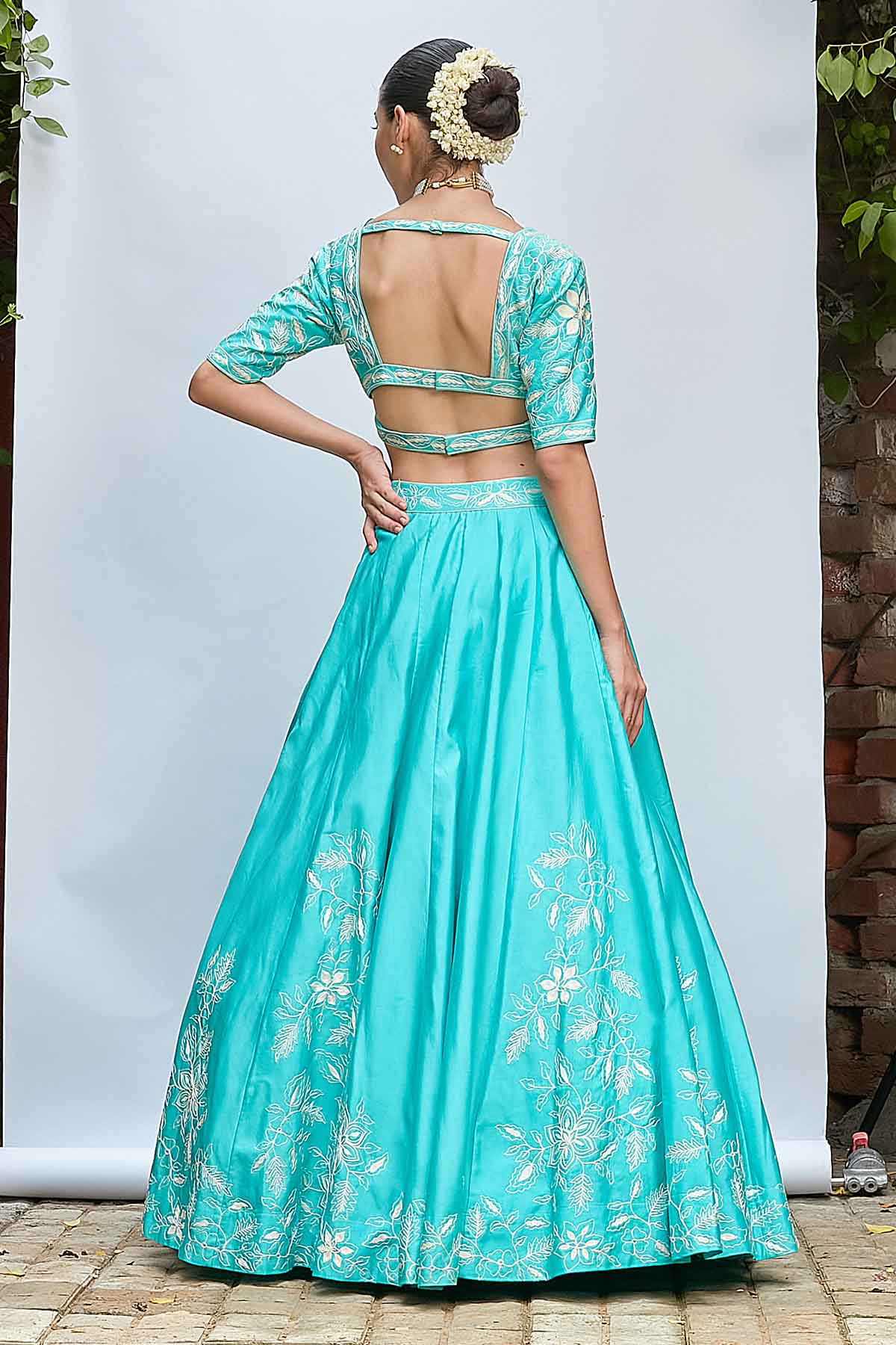 Blue Aari V-Neck Lehenga Set