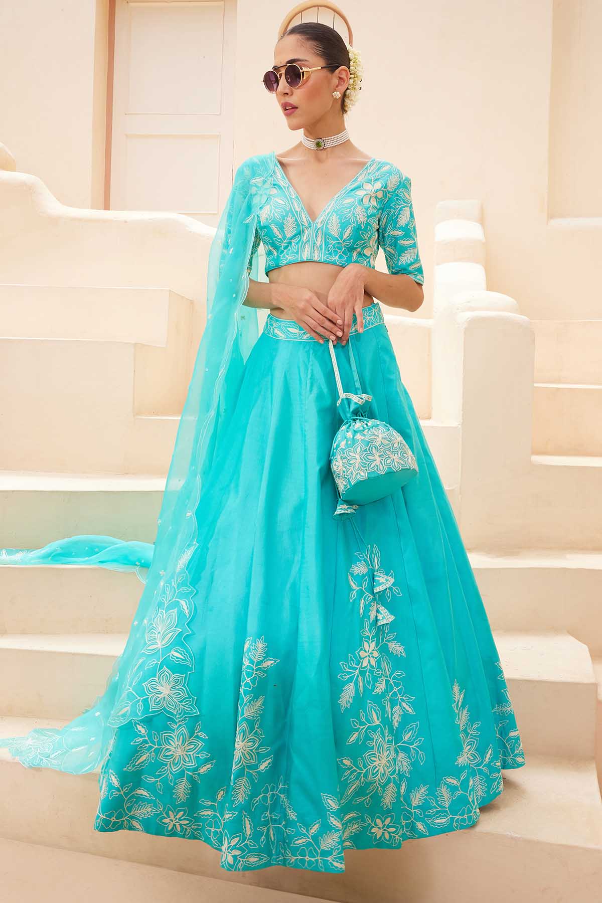 Priyanka Jain Blue Aari V-Neck Lehenga Set for women online at ScrollnShops