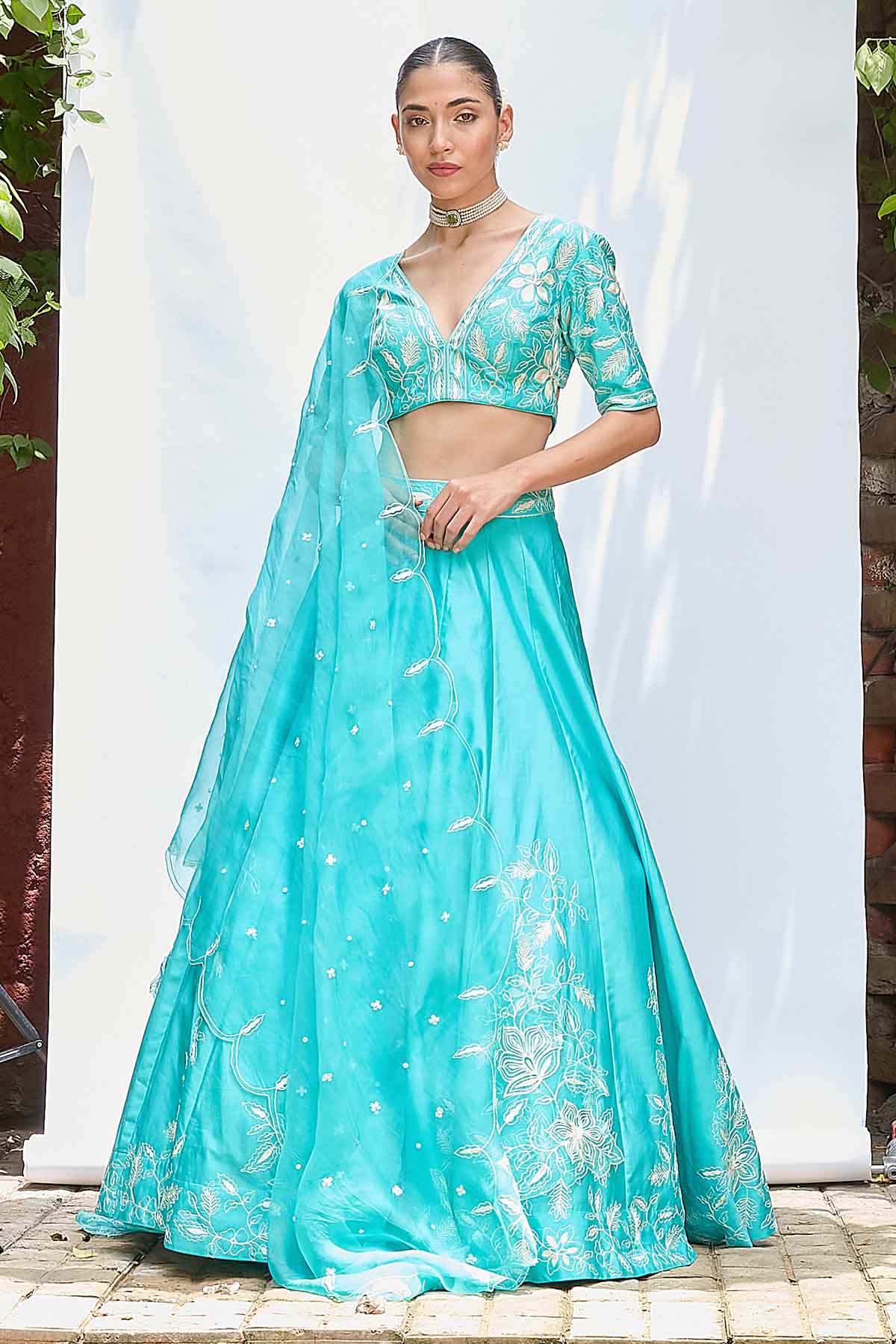 Blue Aari V-Neck Lehenga Set