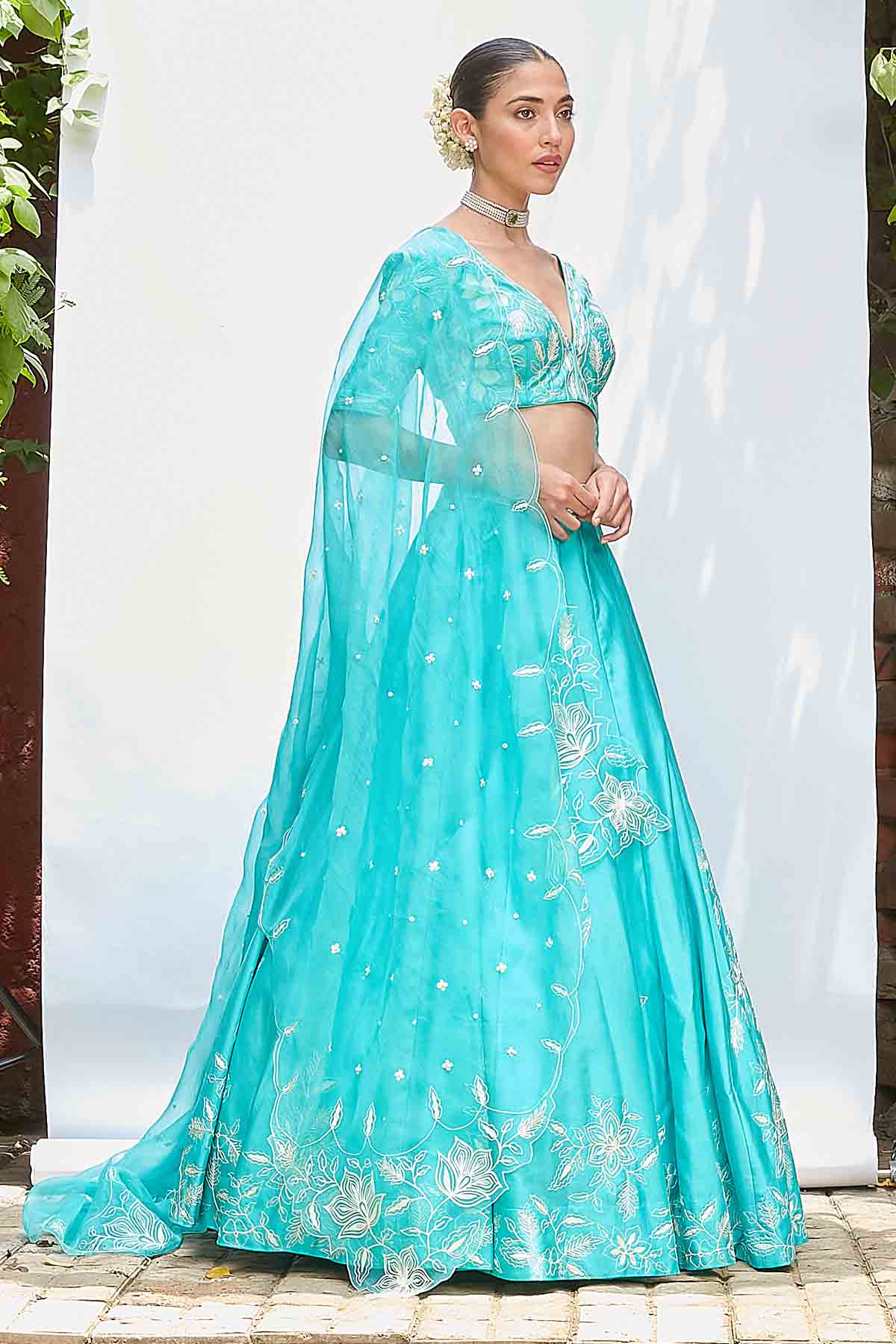 Blue Aari V-Neck Lehenga Set