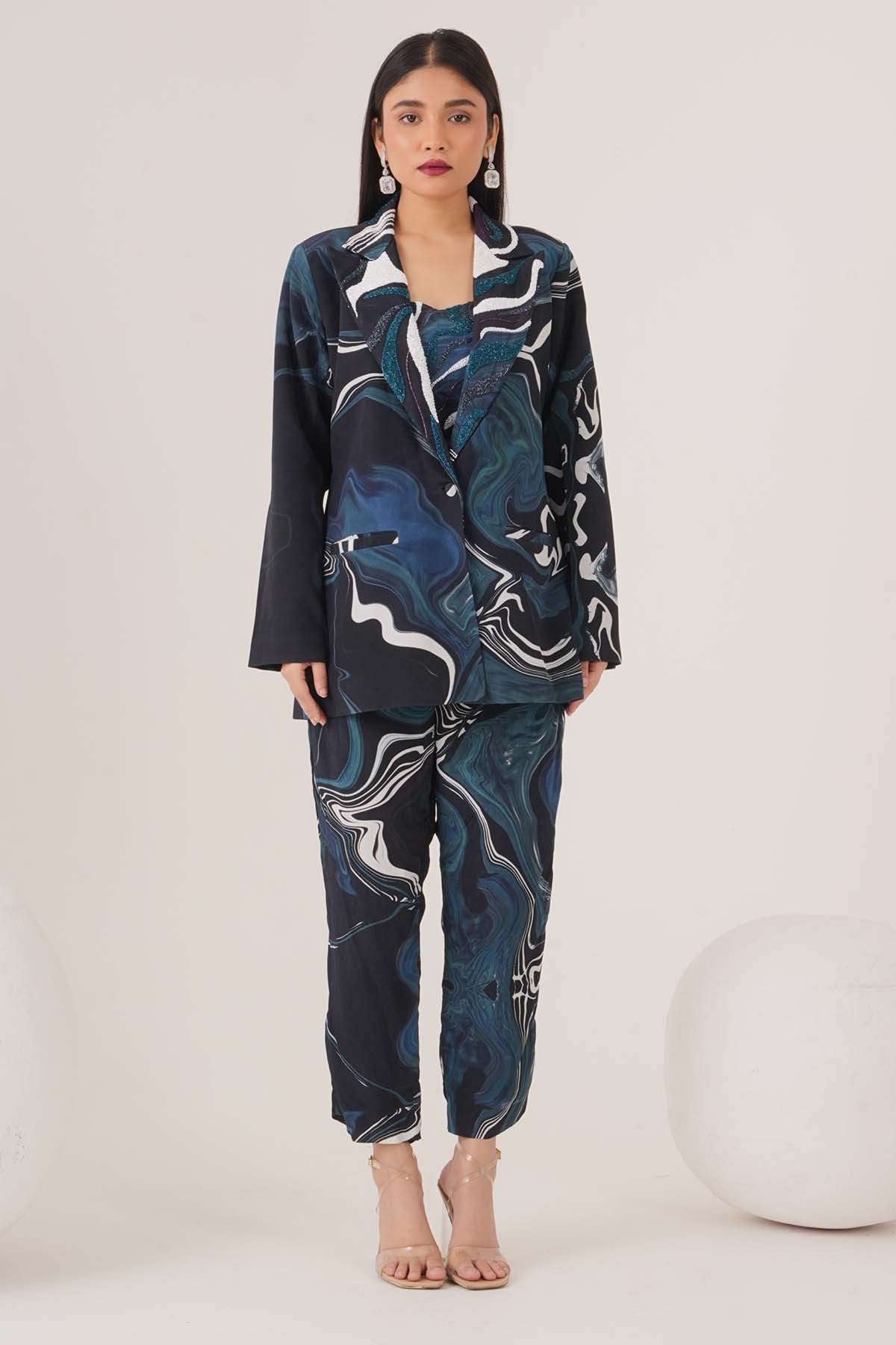 Blue Abstract Print Blazer Set