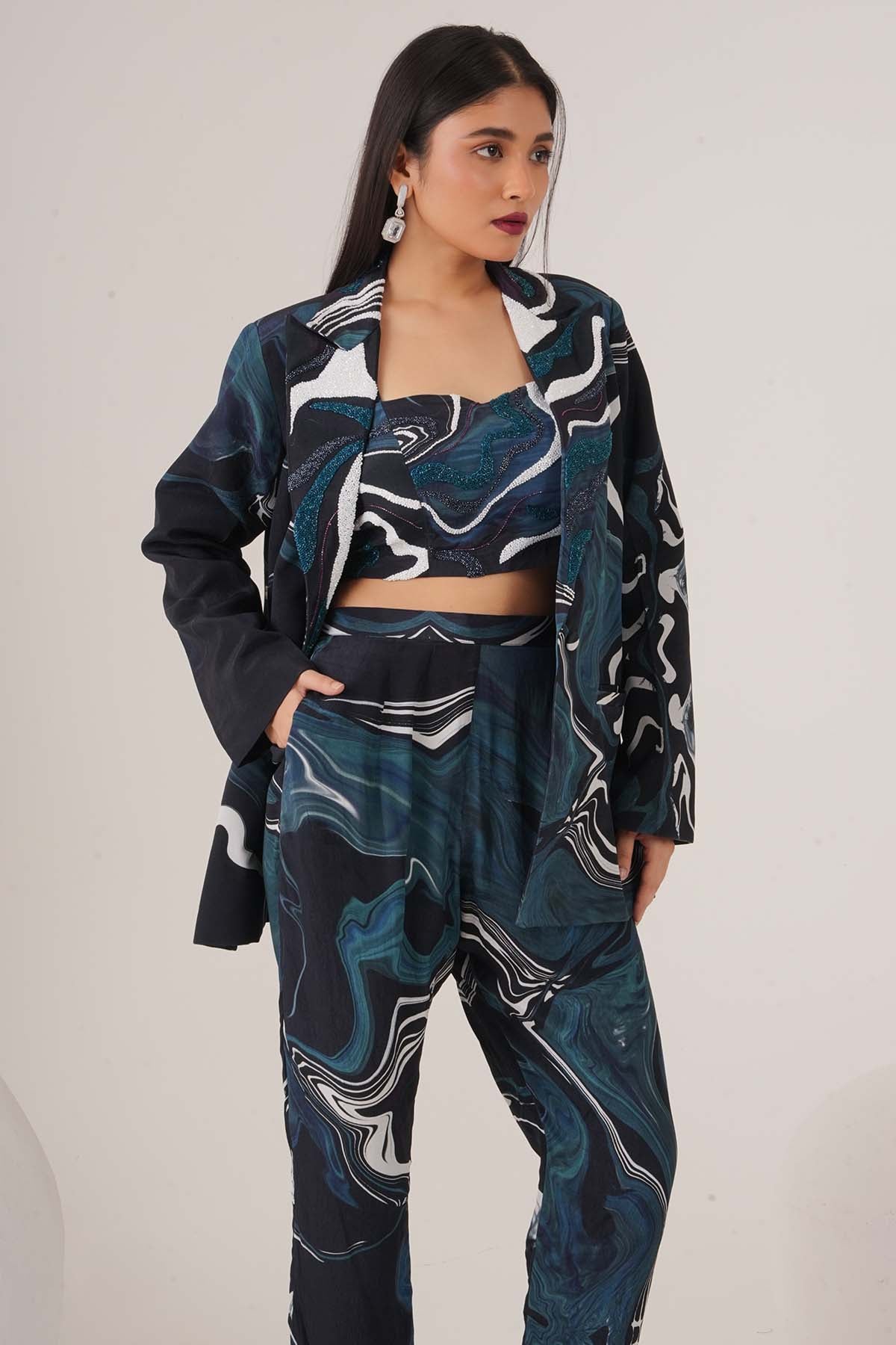Blue Abstract Print Blazer Set