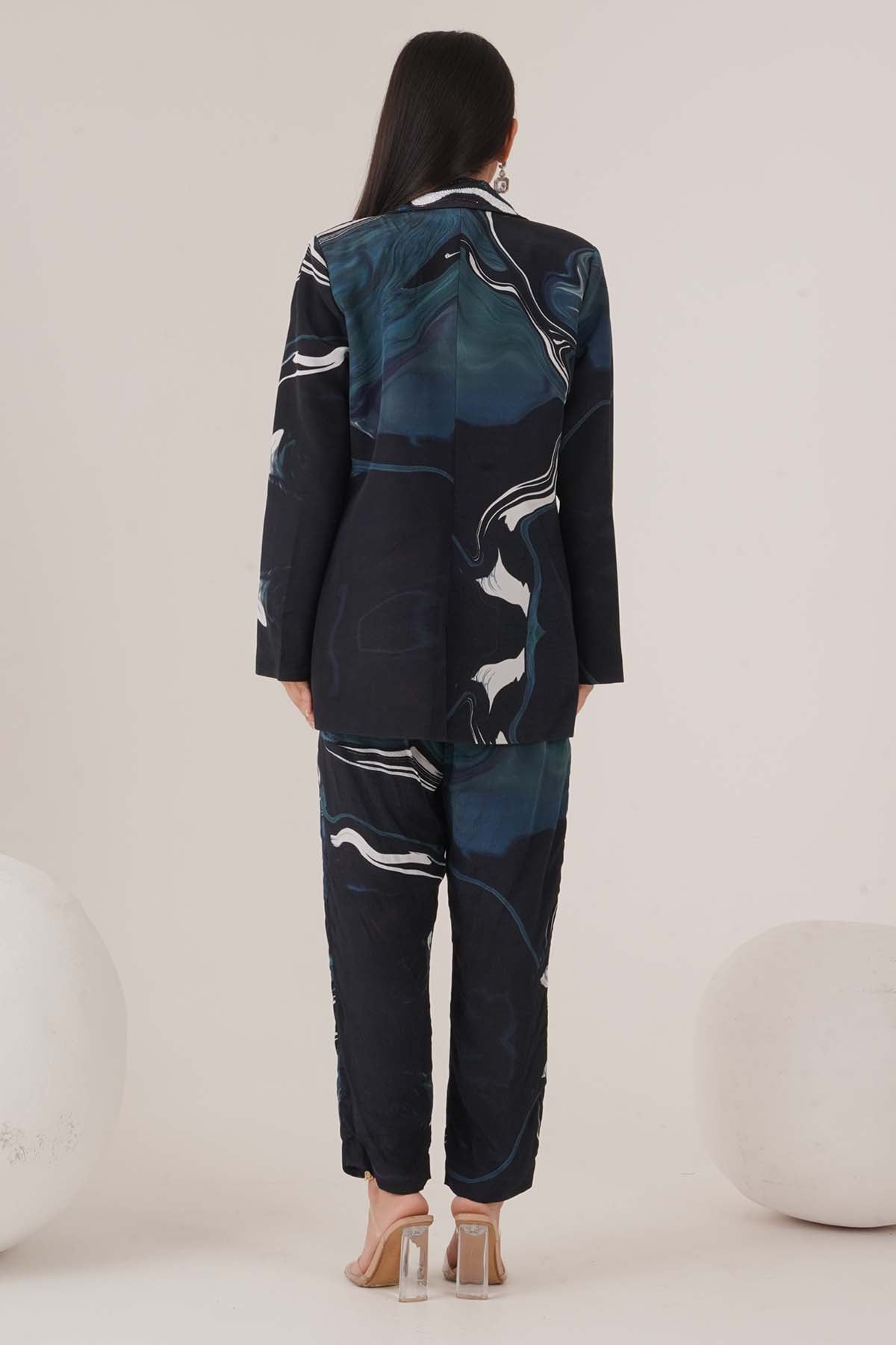 Blue Abstract Print Blazer Set