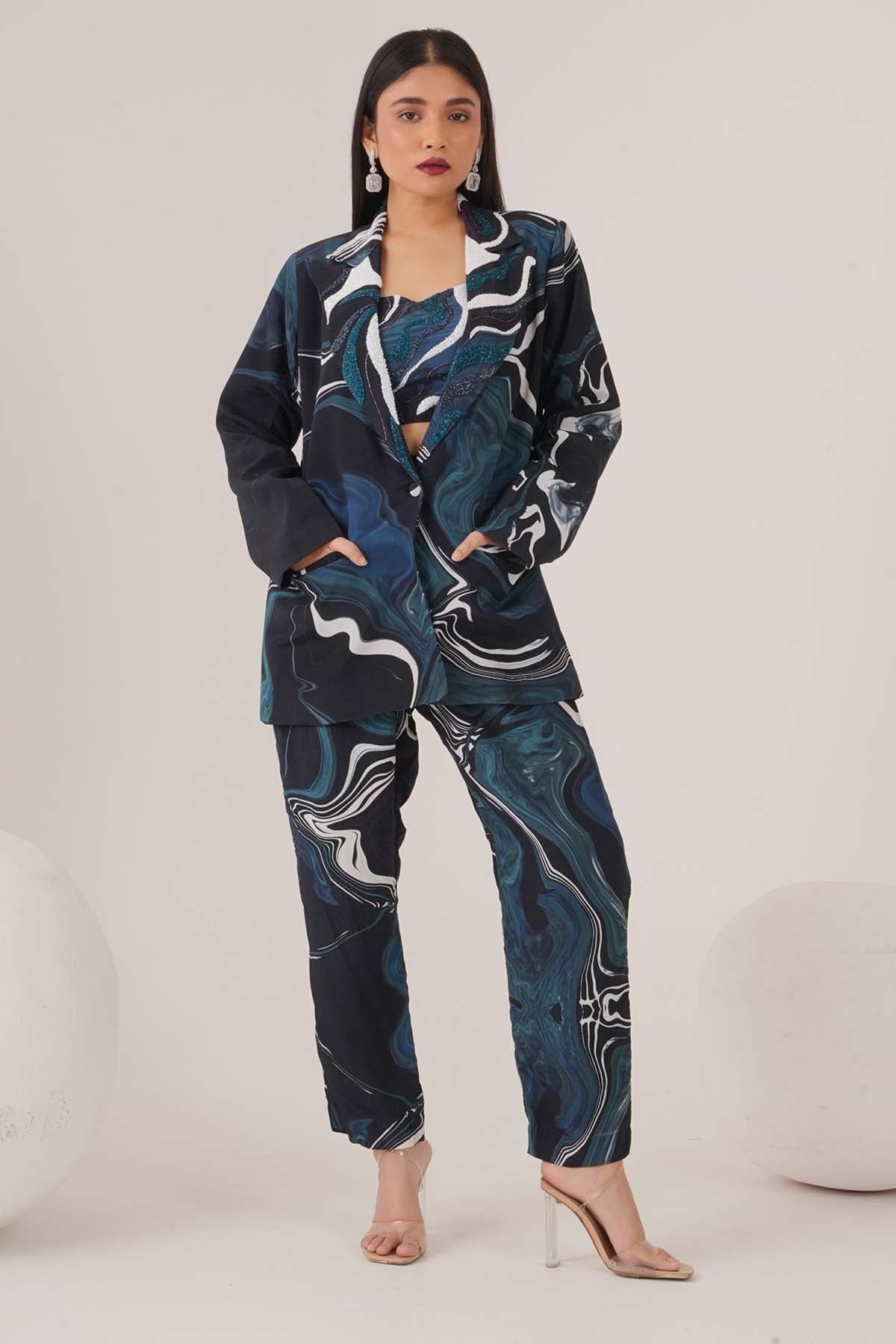 Buy Blue Abstract Print Blazer Set by Shristi Chetani for women online at ScrollnShops