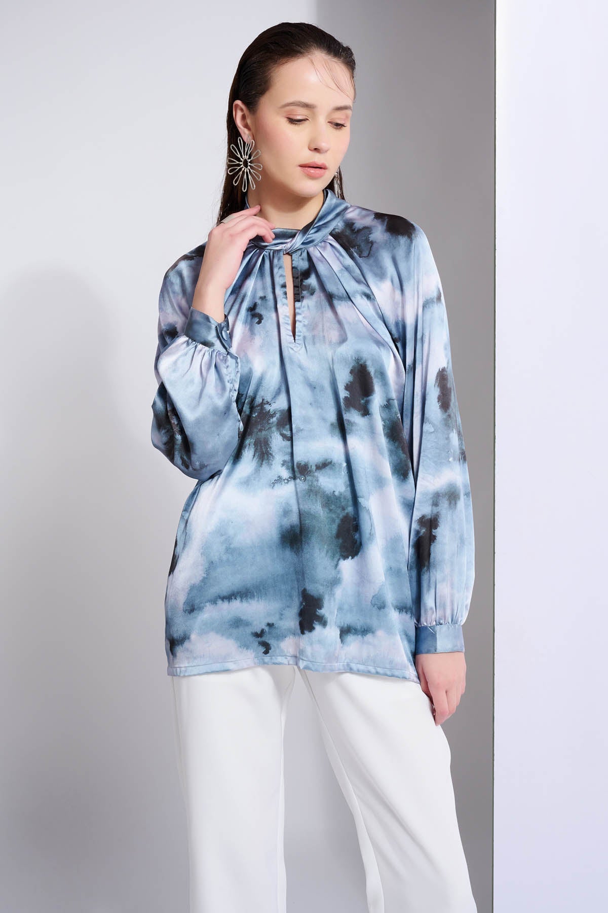 Vanten Blue Abstract Print Wrap Top for women online at ScrollnShops