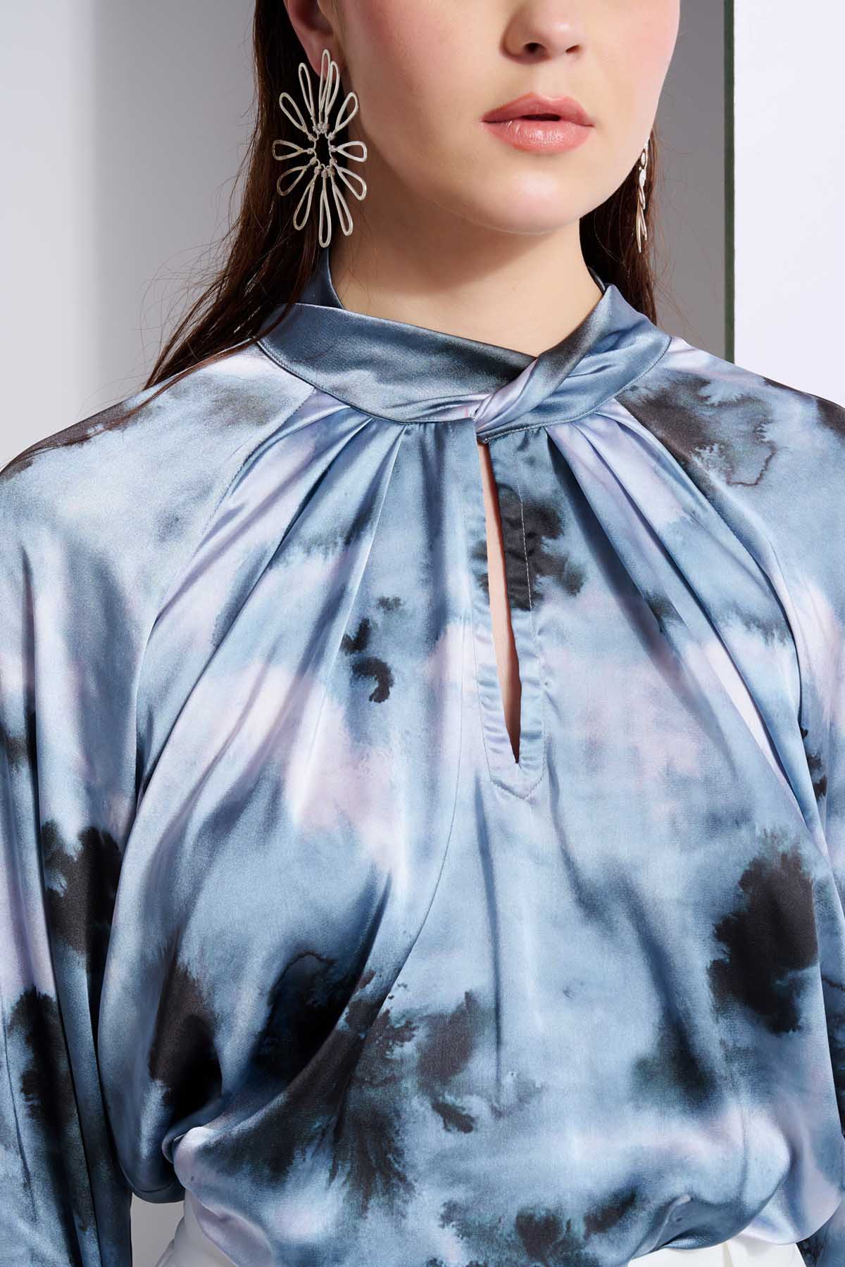 Blue Abstract Print Wrap Top