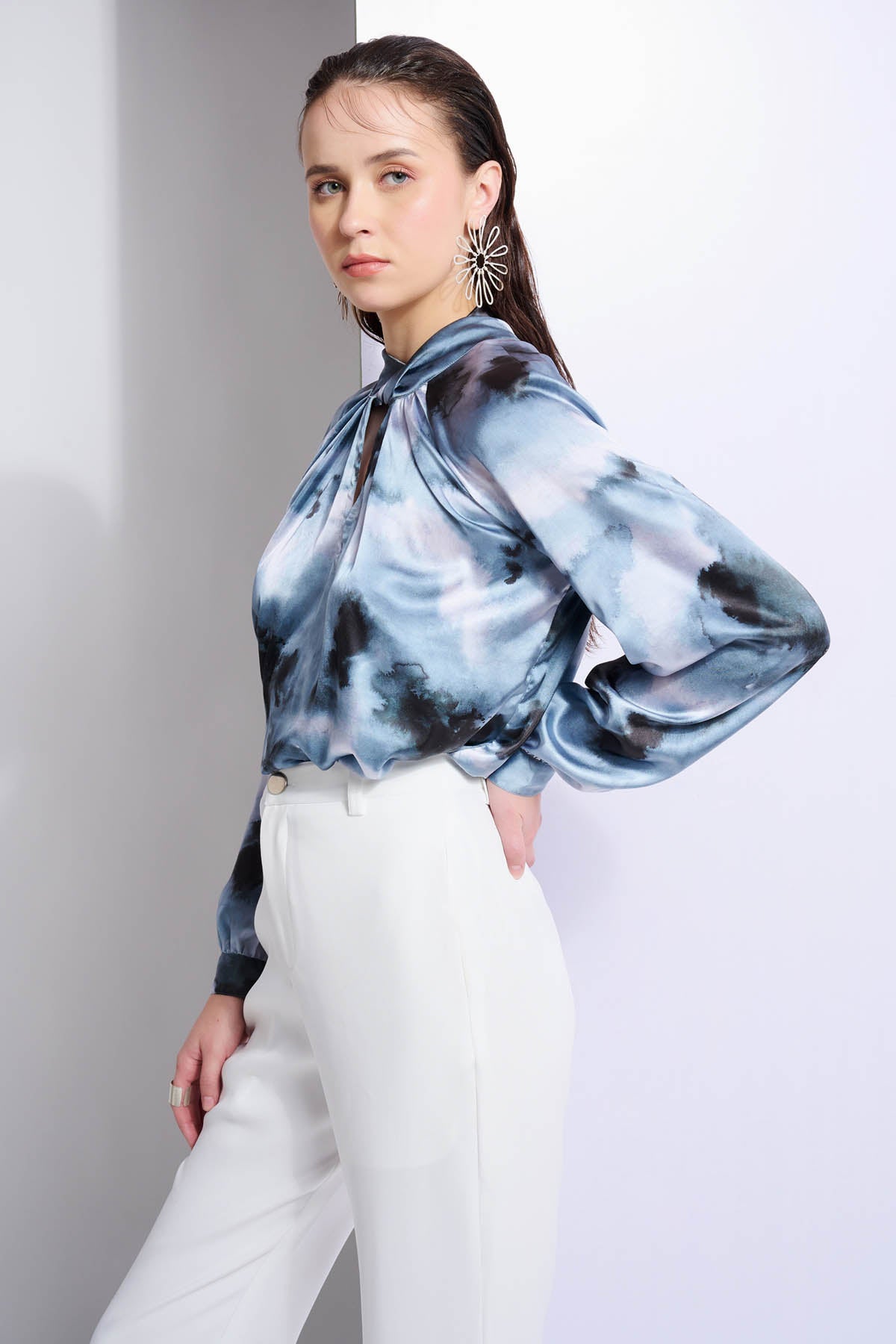 Blue Abstract Print Wrap Top