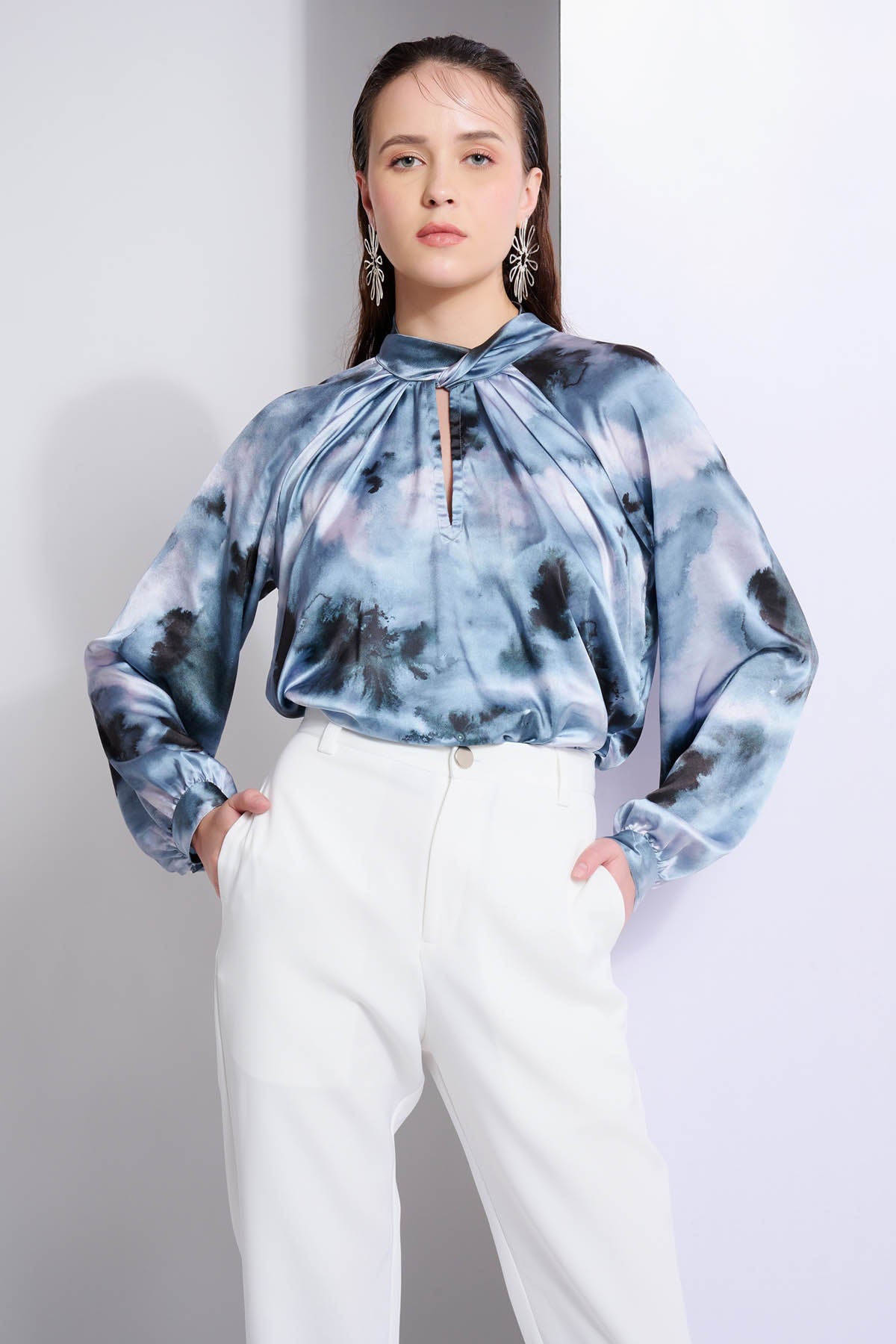 Blue Abstract Print Wrap Top