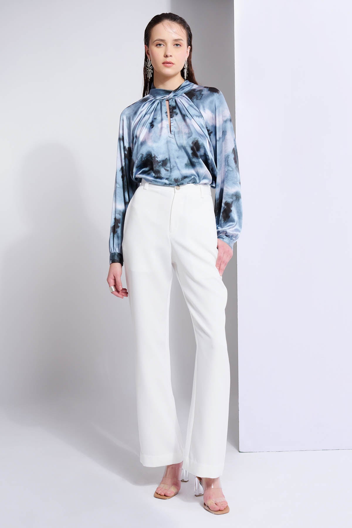 Blue Abstract Print Wrap Top