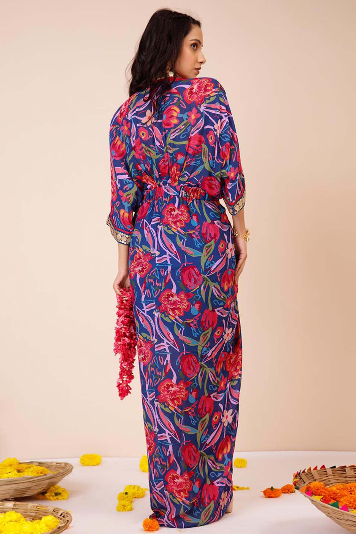 Blue Abstract Printed Cowl Dress