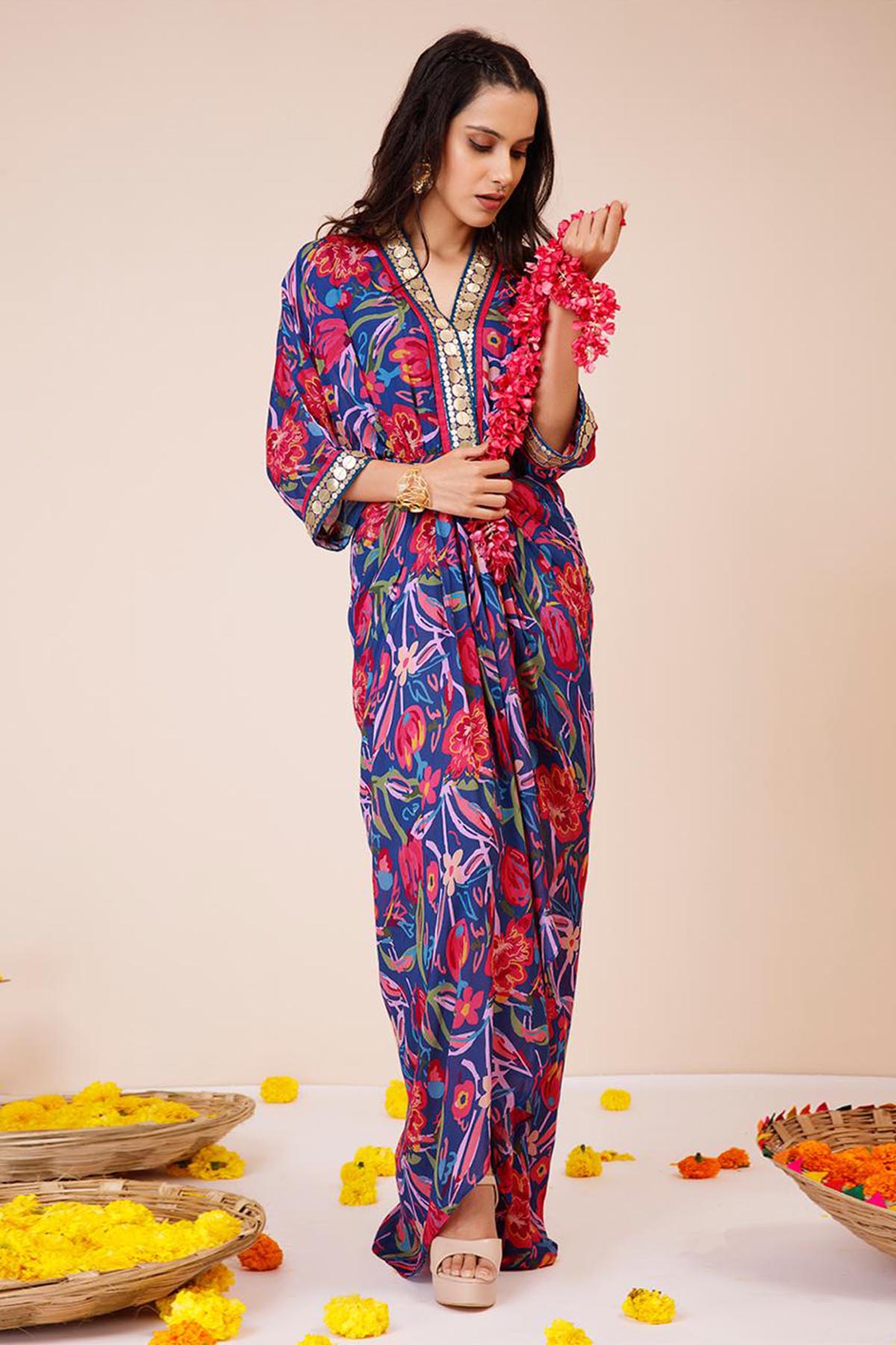 Blue Abstract Printed Cowl Dress