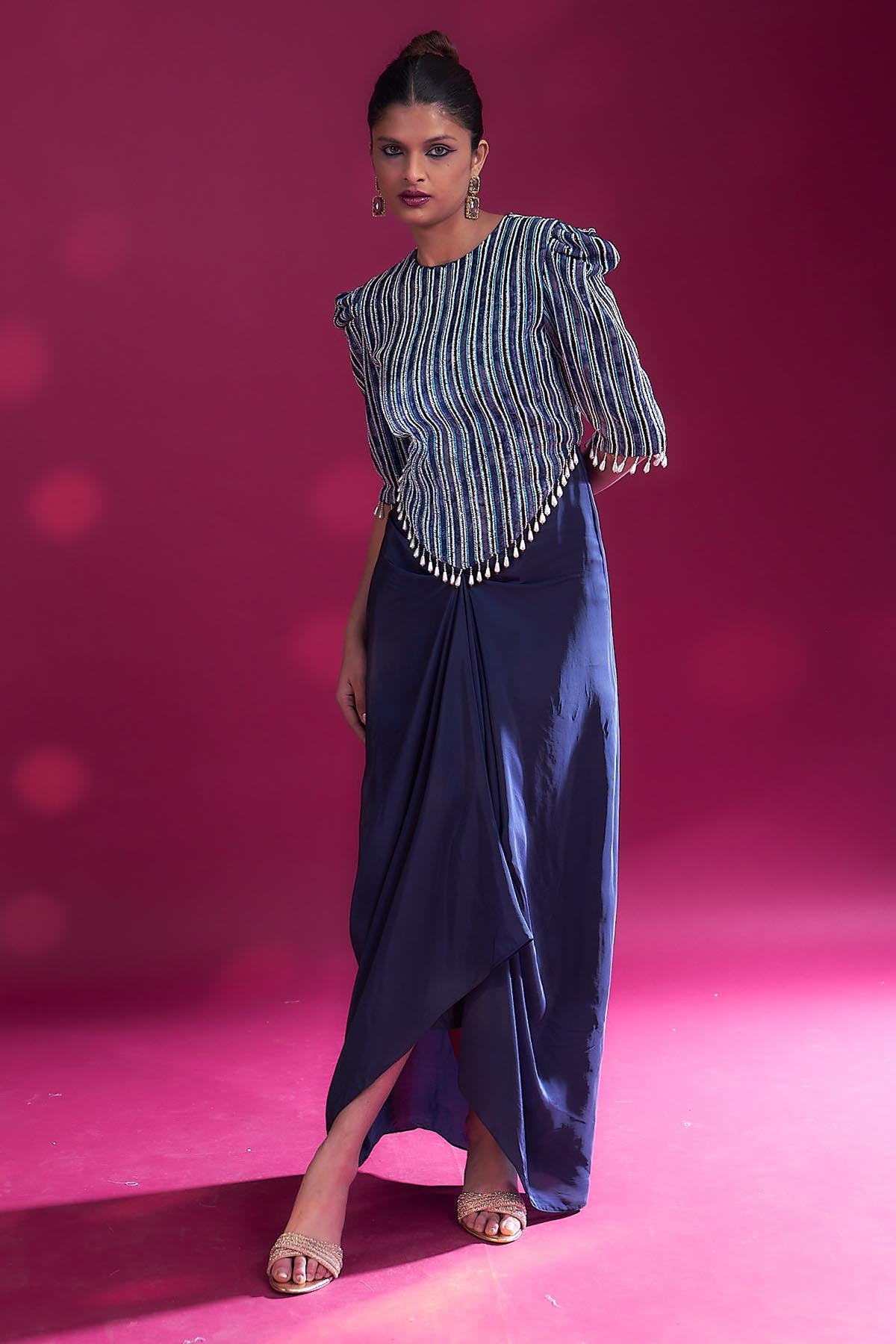 Blue Ajrakh Embellished Dress - Main Image