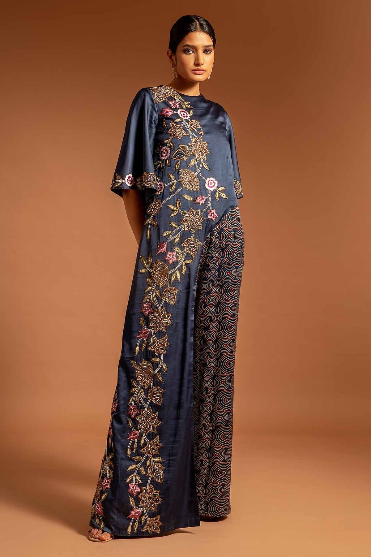 Buy Blue Ajrakh Print Flare Jumpsuit by Sejal Kamdar at ScrollnShops