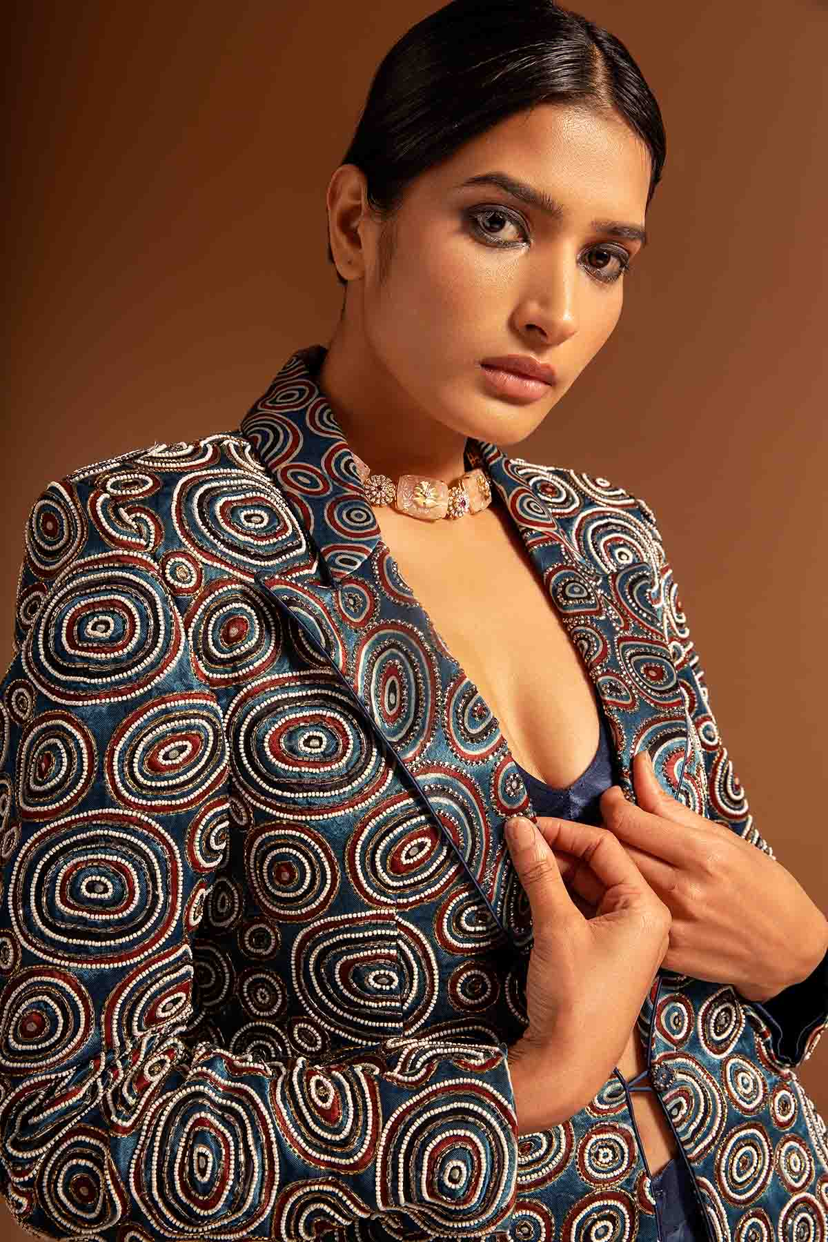 Blue Ajrakh Printed Jacket Set