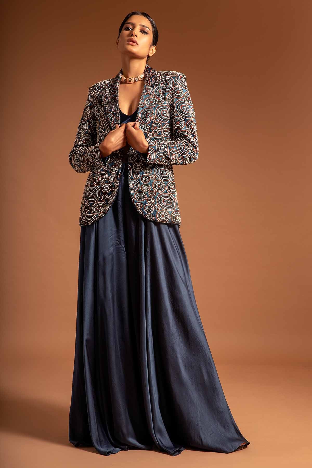Blue Ajrakh Printed Jacket Set