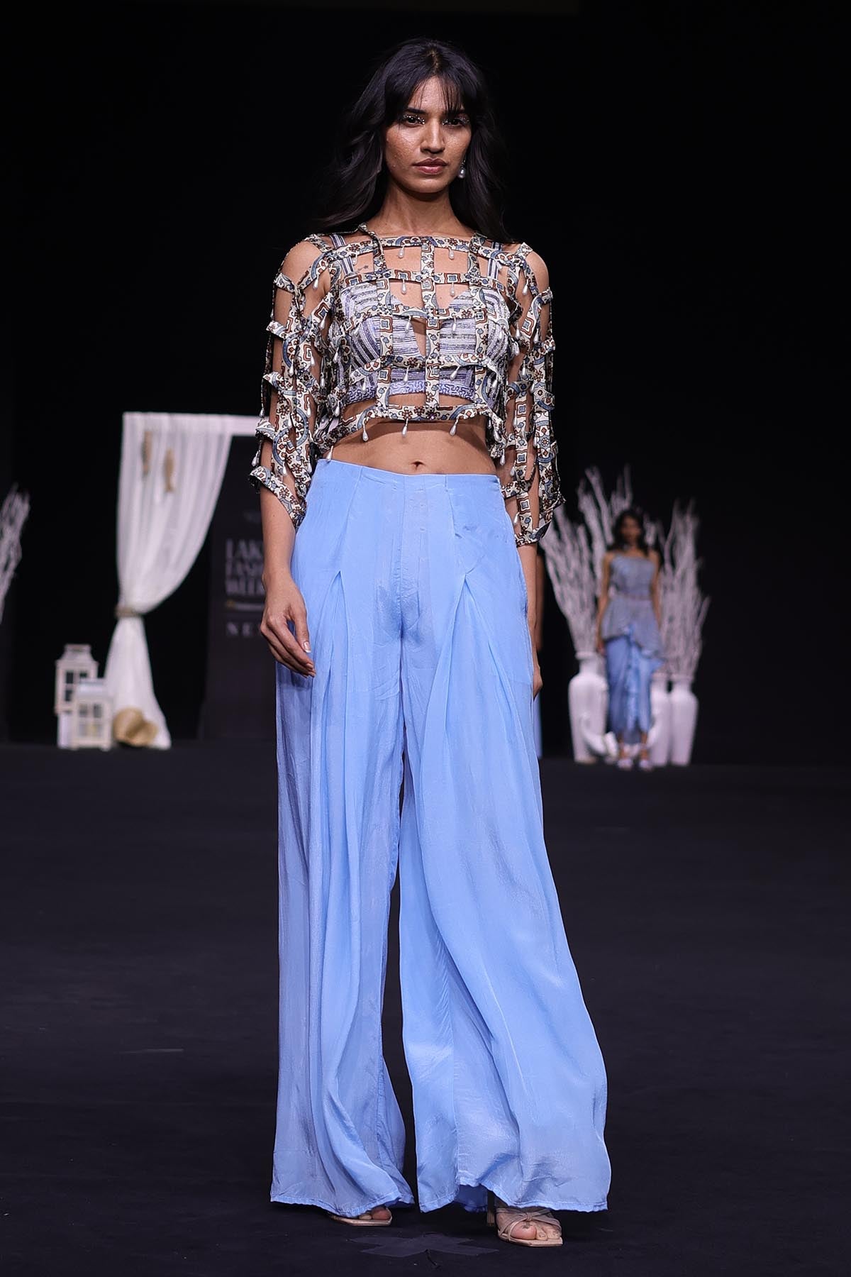 Blue Ajrakh Striped Jacket Set