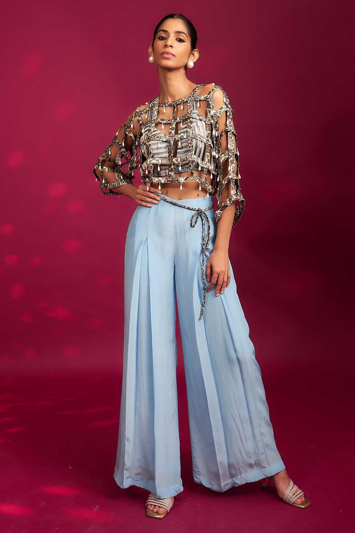 Sejal Kamdar Blue Ajrakh Striped Jacket Set for women online at ScrollnShops