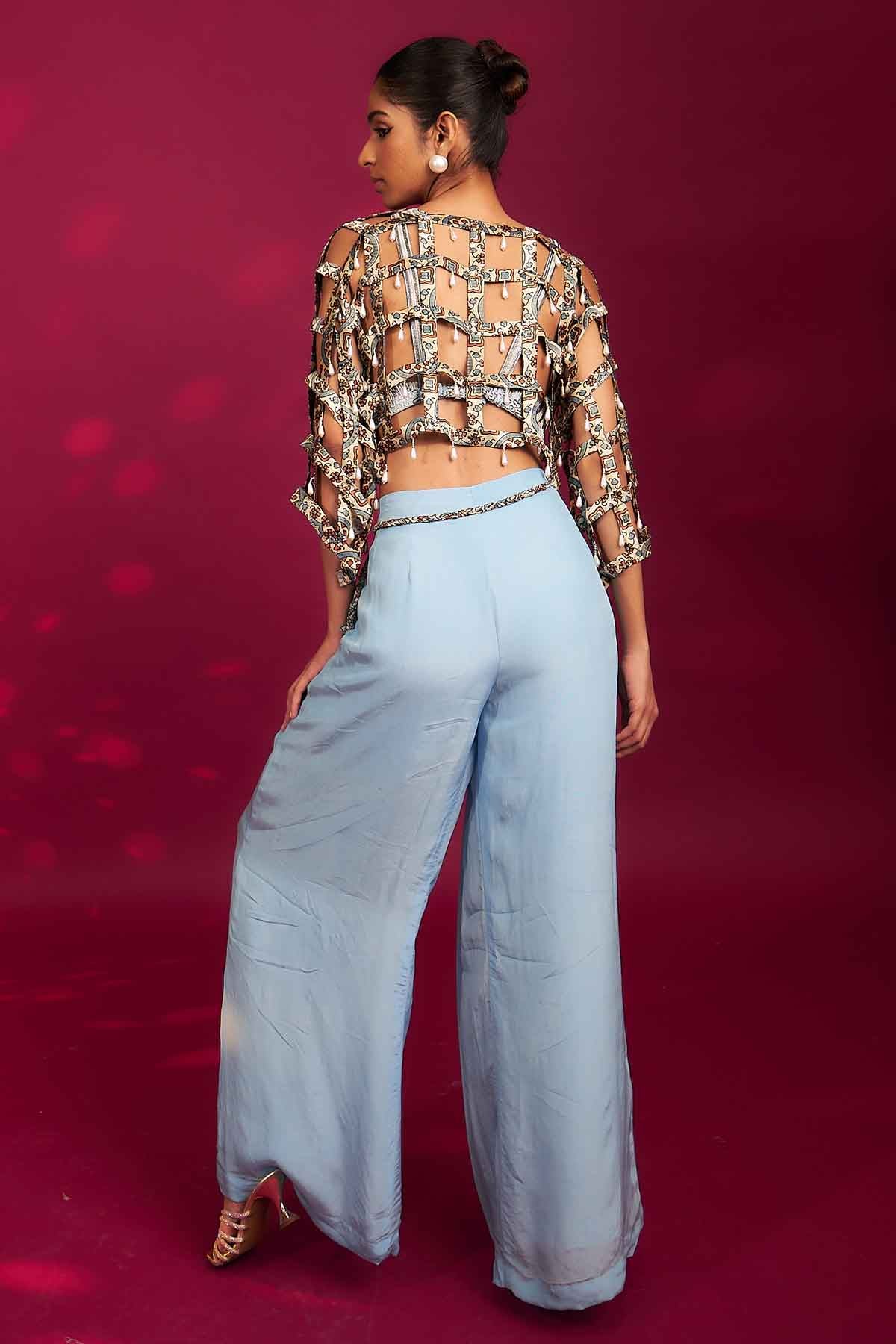 Blue Ajrakh Striped Jacket Set