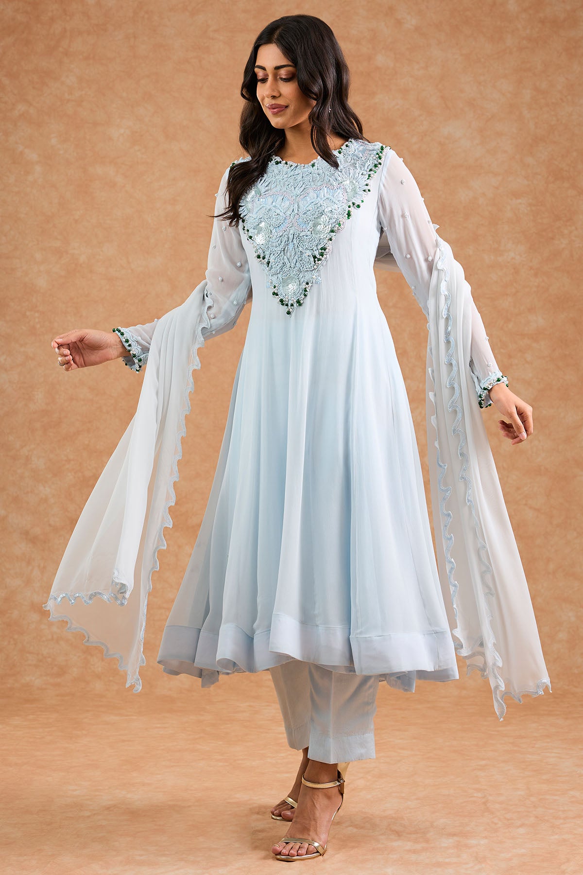 Blue Applique Work Anarkali Set