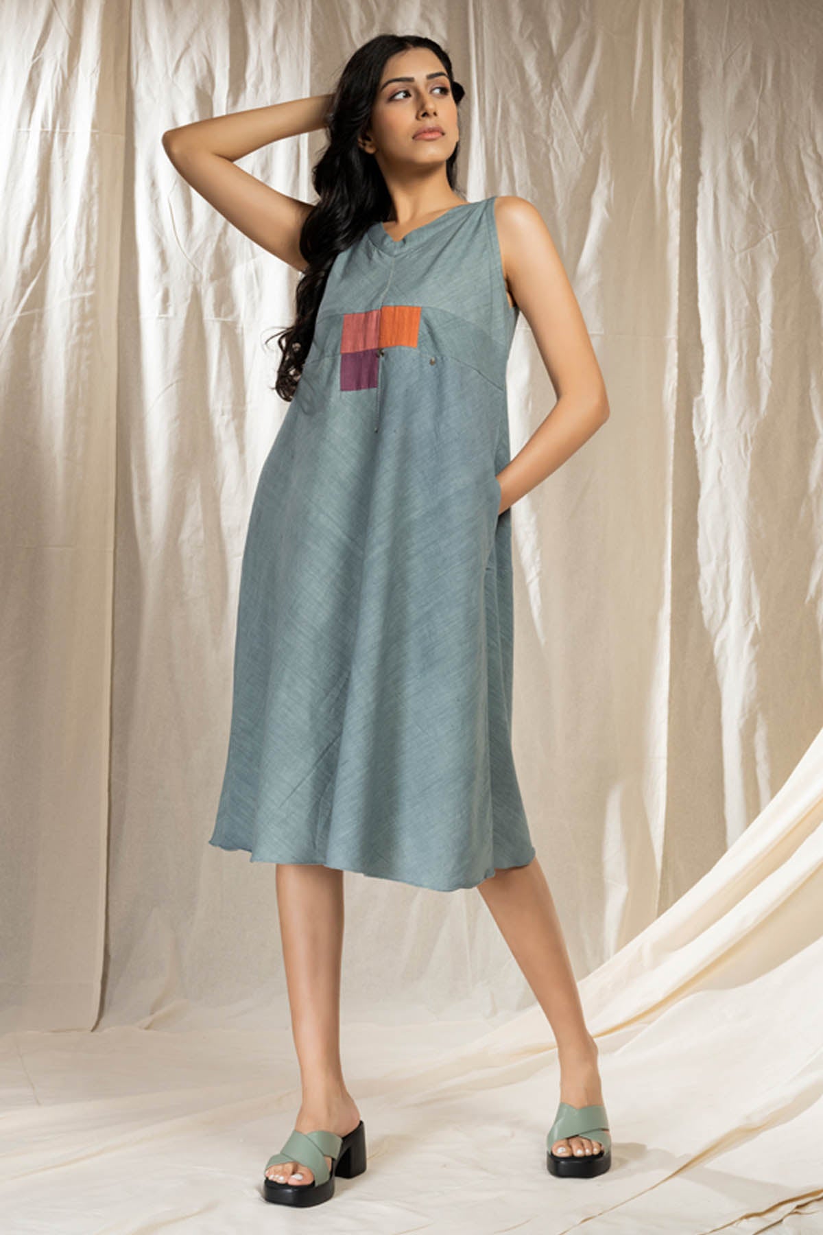 Blue Applique Work Midi Dress