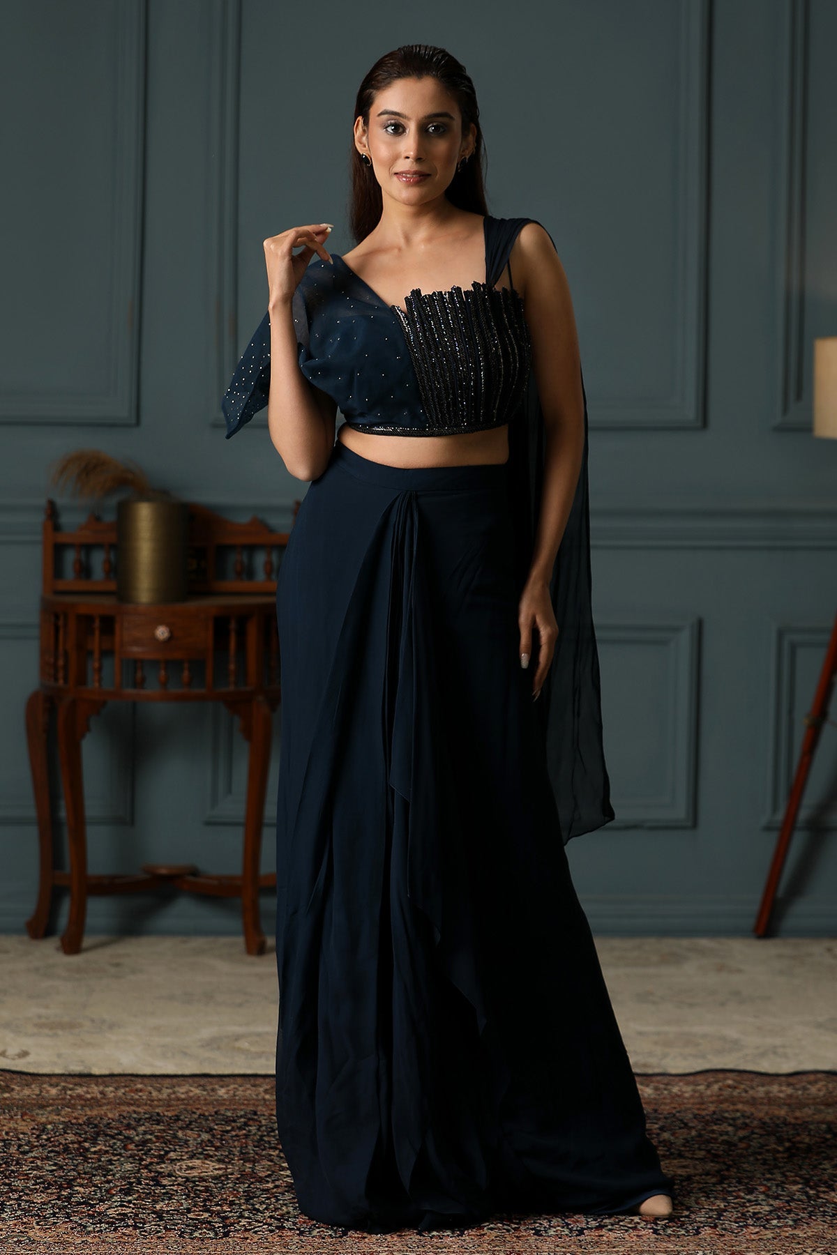 Buy Blue Asymmetric Pre-Draped Saree by Art-i Design Studio for women online at ScrollnShops